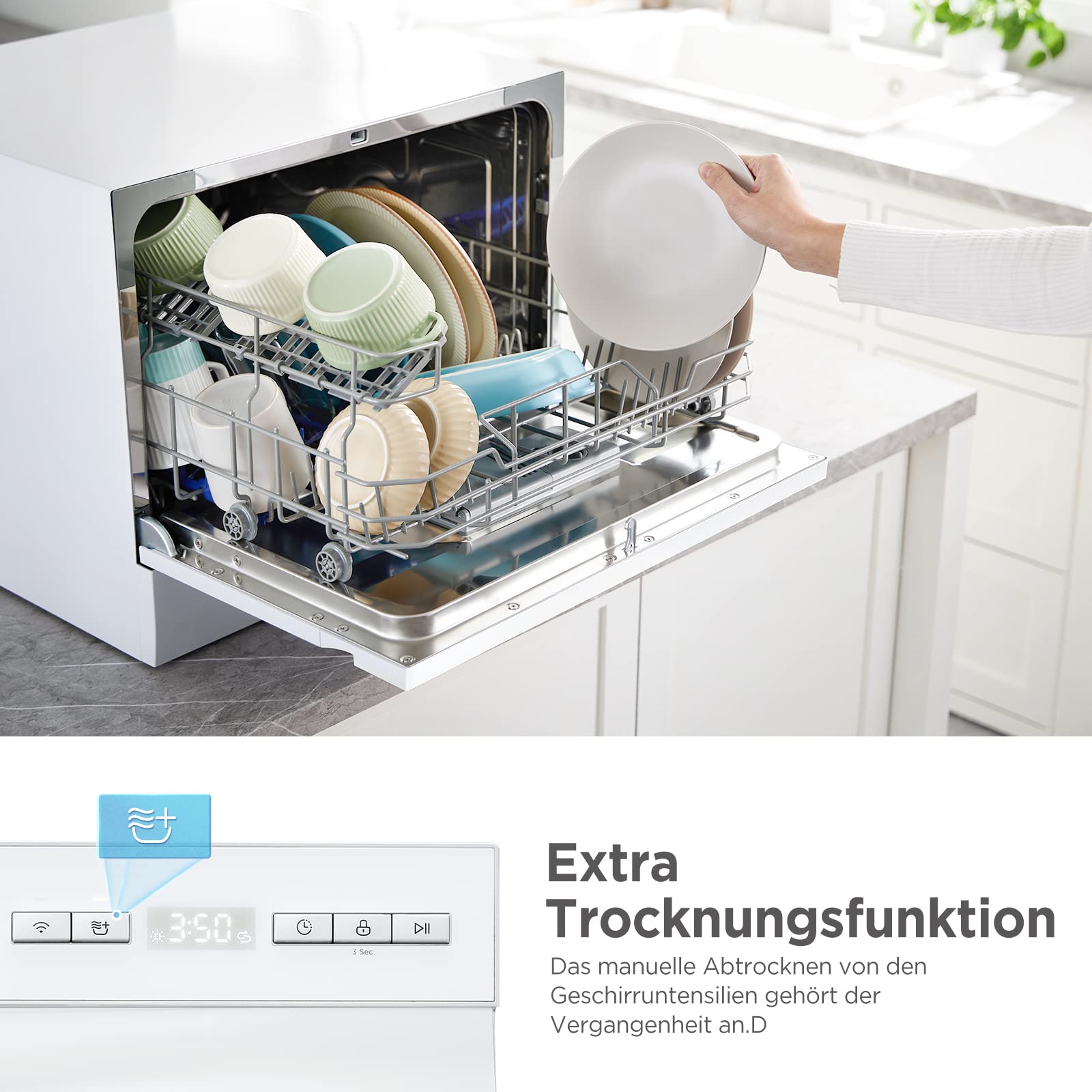 Midea ST 3.6F wi Tischgeschirrspüler, 6 Waschprogramme, Startzeitvorwahl, Extra Trockungs-Funktion, IOT-Steuerung, Mini Geschirrspüler, Ideal für Kleine Wohnungen, Weiß