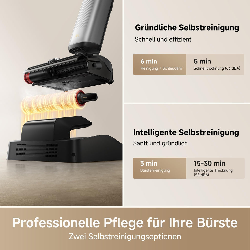 Mova X4 Pro Nass-Trocken-Sauger 20.000 Pa, Heißwasser-Wischfunktion, Tangle-Free, Selbstreinigung bei 100 °C, Push-In-Basisstation, LED-Bürstenkopf, Doppelkante, intelligente Saugkraftregelung