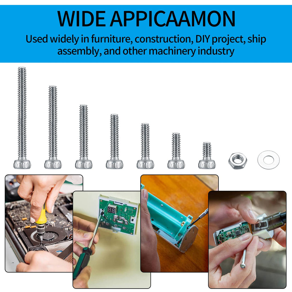 410 Stück M2 Senkkopf-Innensechskantschrauben, 10,9-Kohlenstoffstahl Vollgewinde-Maschinenschrauben, Muttern und Unterlegscheiben Sortiment mit Inbusschlüsseln