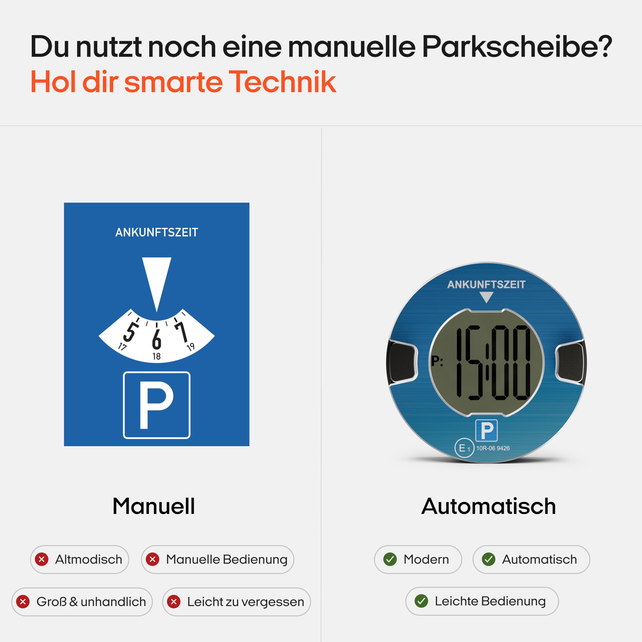 OOONO P-DISC NO1 - Elektronische Parkscheibe mit Zulassung fürs Auto - Automatische Digitale Parkscheibe Elektrisch mit Zulassung vom KBA nach StVO - Elektrische Parkuhr Auto zugelassen