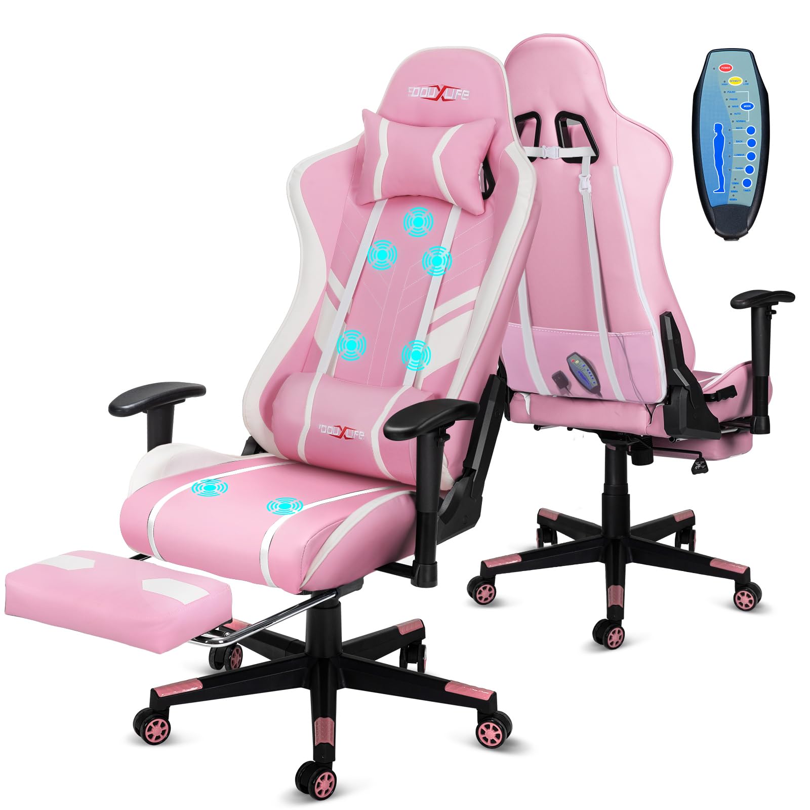 Douxlife Gaming Stuhl, mit 7 Punkt Massage, Fußstütze, Ergonomischer 180KG Bürostuhl, 90-175° Rückenlehne Einstellbar, Verstellbare Armlehne, Schreibtischstuh für Erwachsener, Schwarz Weiß