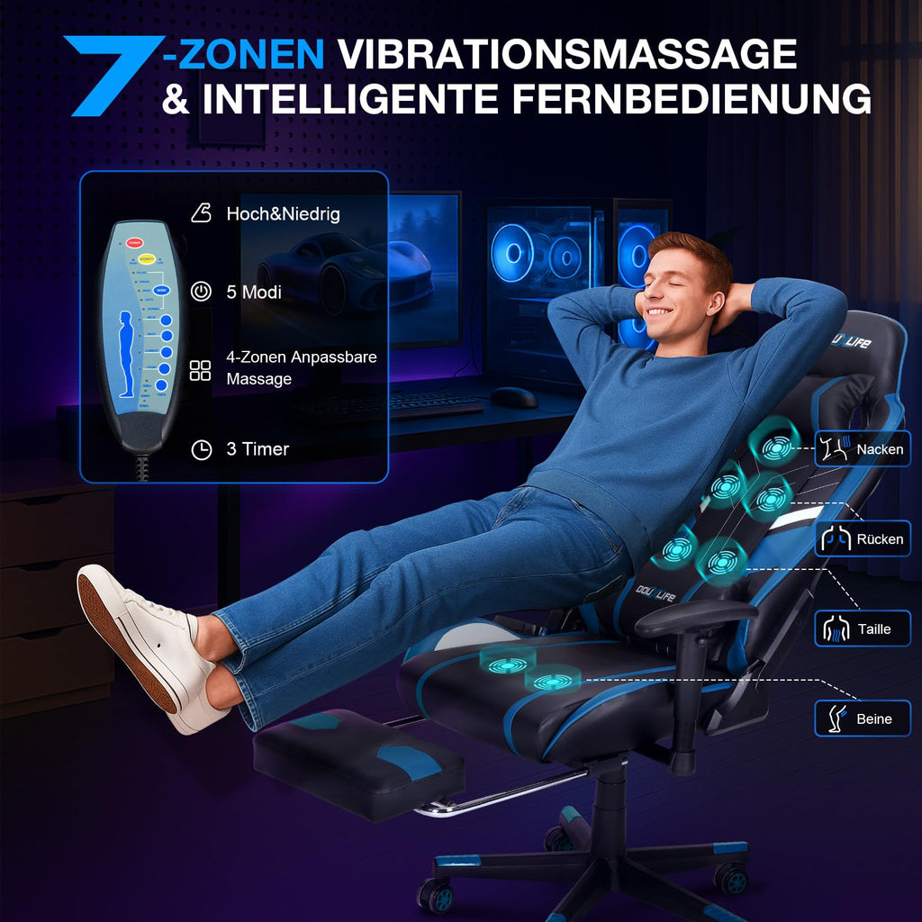 Douxlife Gaming Stuhl, mit 7 Punkt Massage, Fußstütze, Ergonomischer 180KG Bürostuhl, 90-175° Rückenlehne Einstellbar, Verstellbare Armlehne, Schreibtischstuh für Erwachsener, Schwarz Weiß