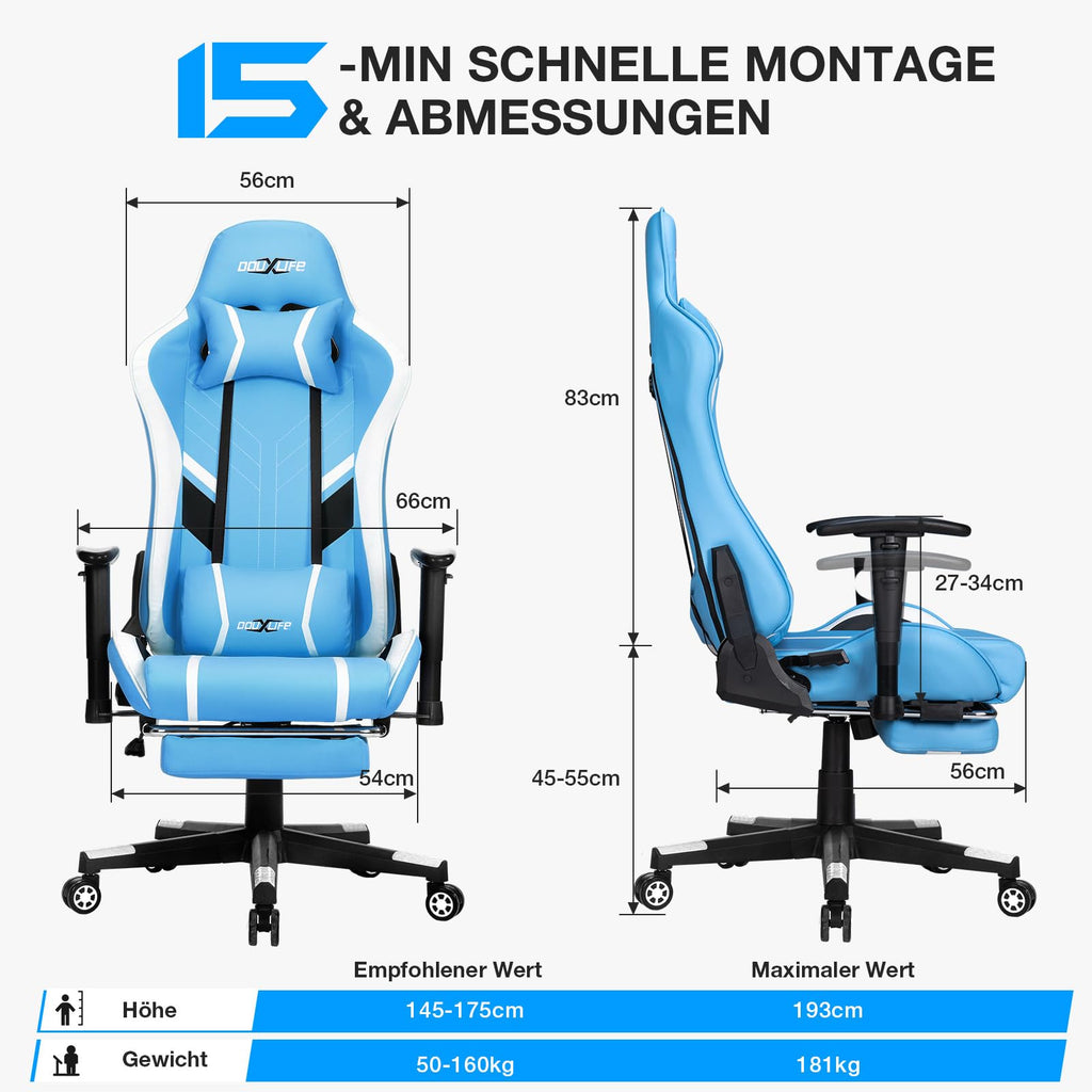 Douxlife Gaming Stuhl, mit 7 Punkt Massage, Fußstütze, Ergonomischer 180KG Bürostuhl, 90-175° Rückenlehne Einstellbar, Verstellbare Armlehne, Schreibtischstuh für Erwachsener, Schwarz Weiß