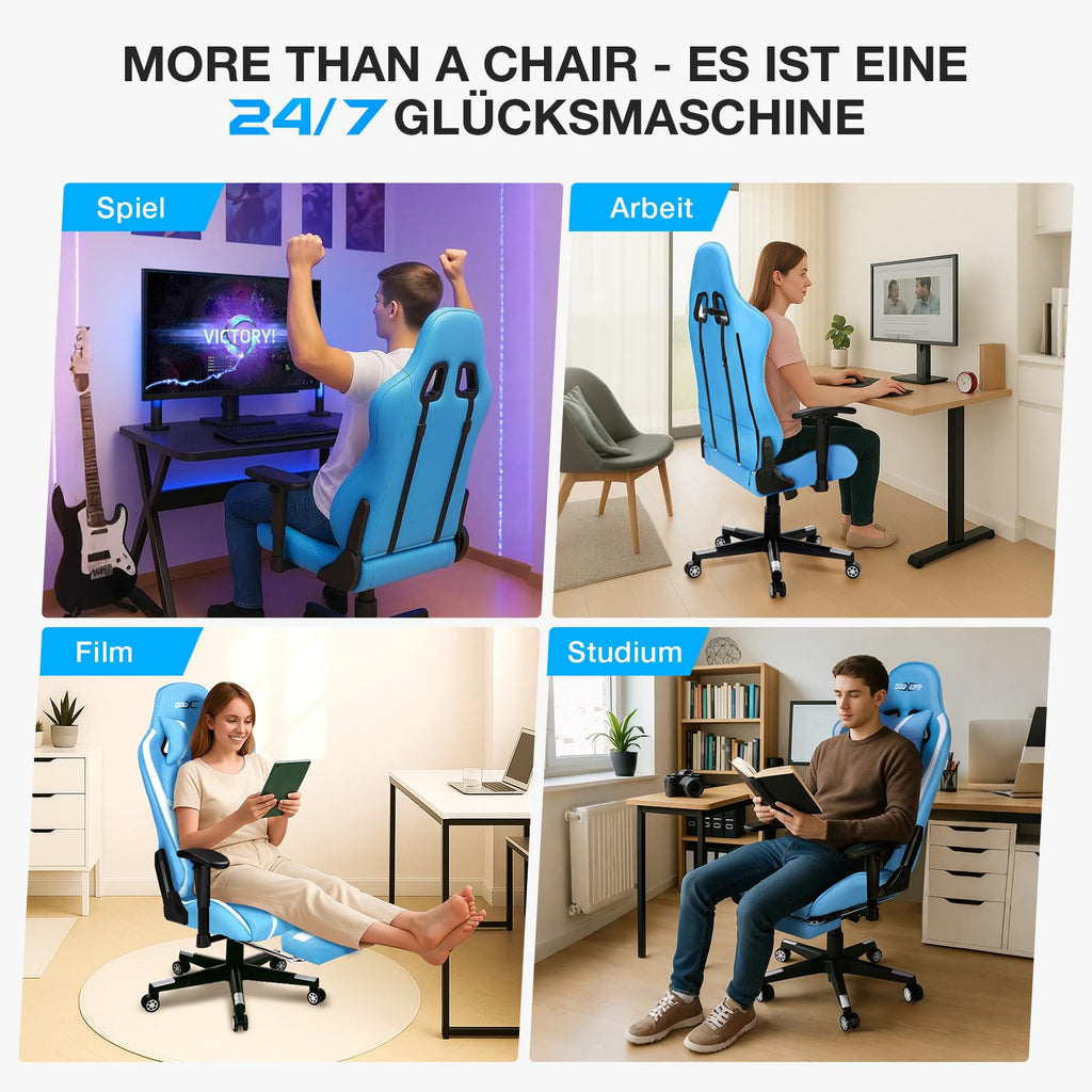 Douxlife Gaming Stuhl, mit 7 Punkt Massage, Fußstütze, Ergonomischer 180KG Bürostuhl, 90-175° Rückenlehne Einstellbar, Verstellbare Armlehne, Schreibtischstuh für Erwachsener, Schwarz Weiß