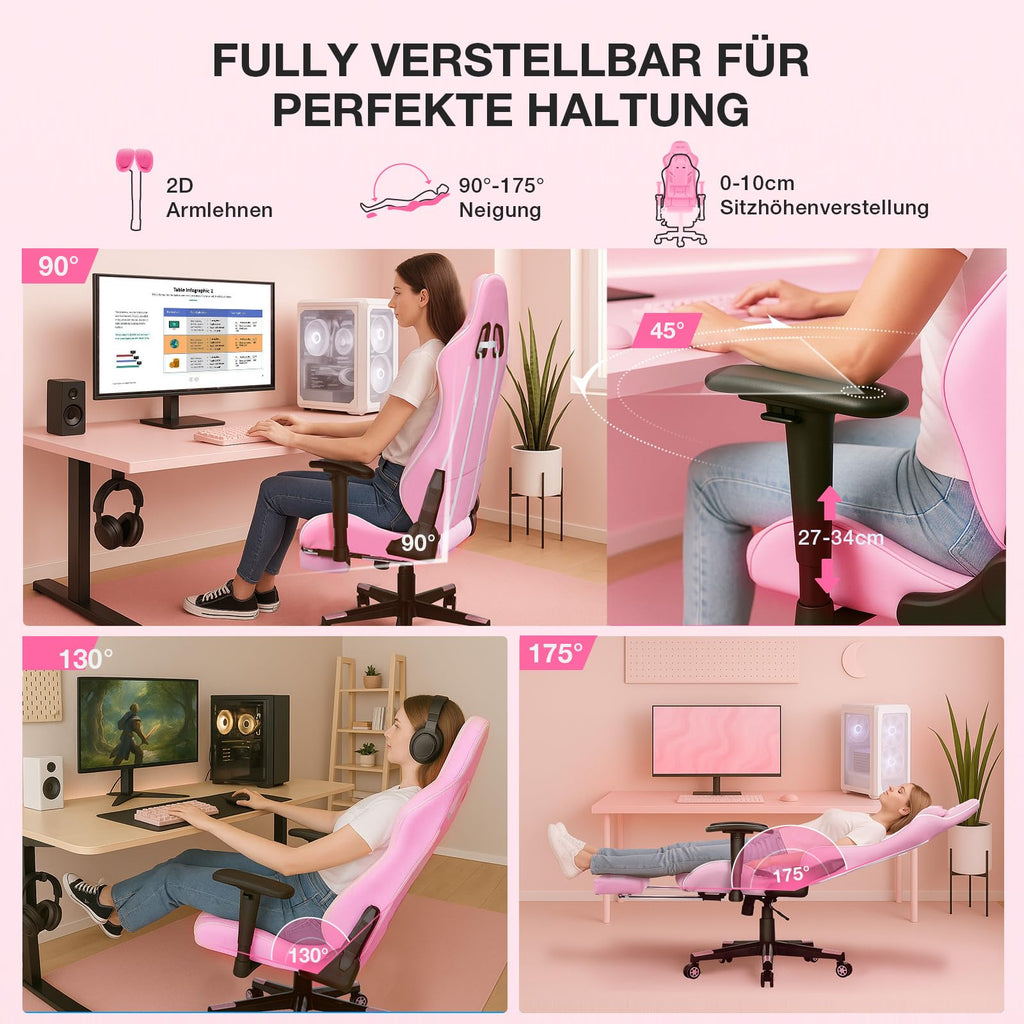 Douxlife Gaming Stuhl, mit 7 Punkt Massage, Fußstütze, Ergonomischer 180KG Bürostuhl, 90-175° Rückenlehne Einstellbar, Verstellbare Armlehne, Schreibtischstuh für Erwachsener, Schwarz Weiß