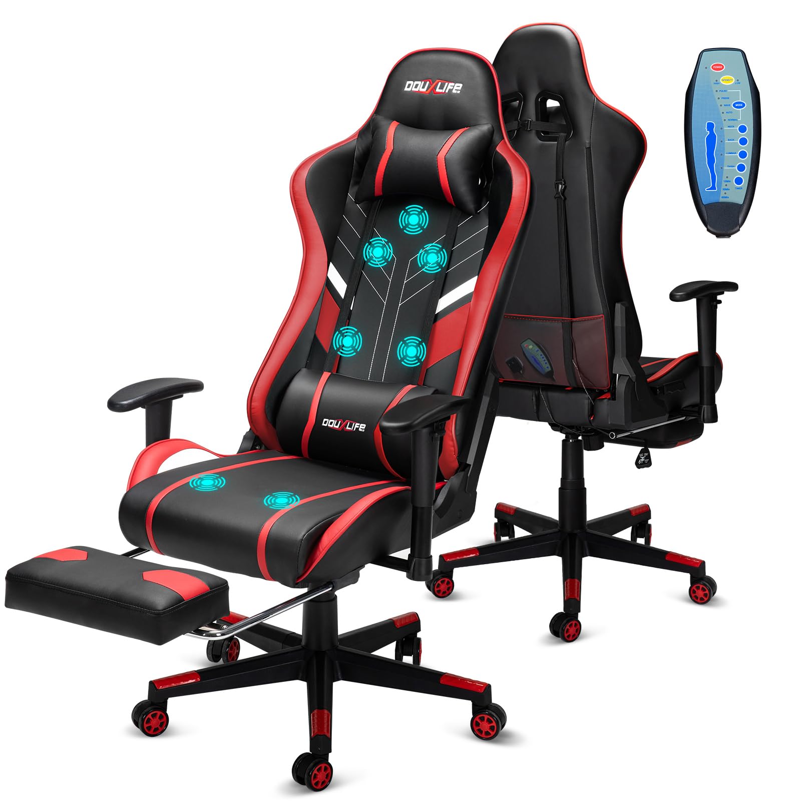 Douxlife Gaming Stuhl, mit 7 Punkt Massage, Fußstütze, Ergonomischer 180KG Bürostuhl, 90-175° Rückenlehne Einstellbar, Verstellbare Armlehne, Schreibtischstuh für Erwachsener, Schwarz Weiß