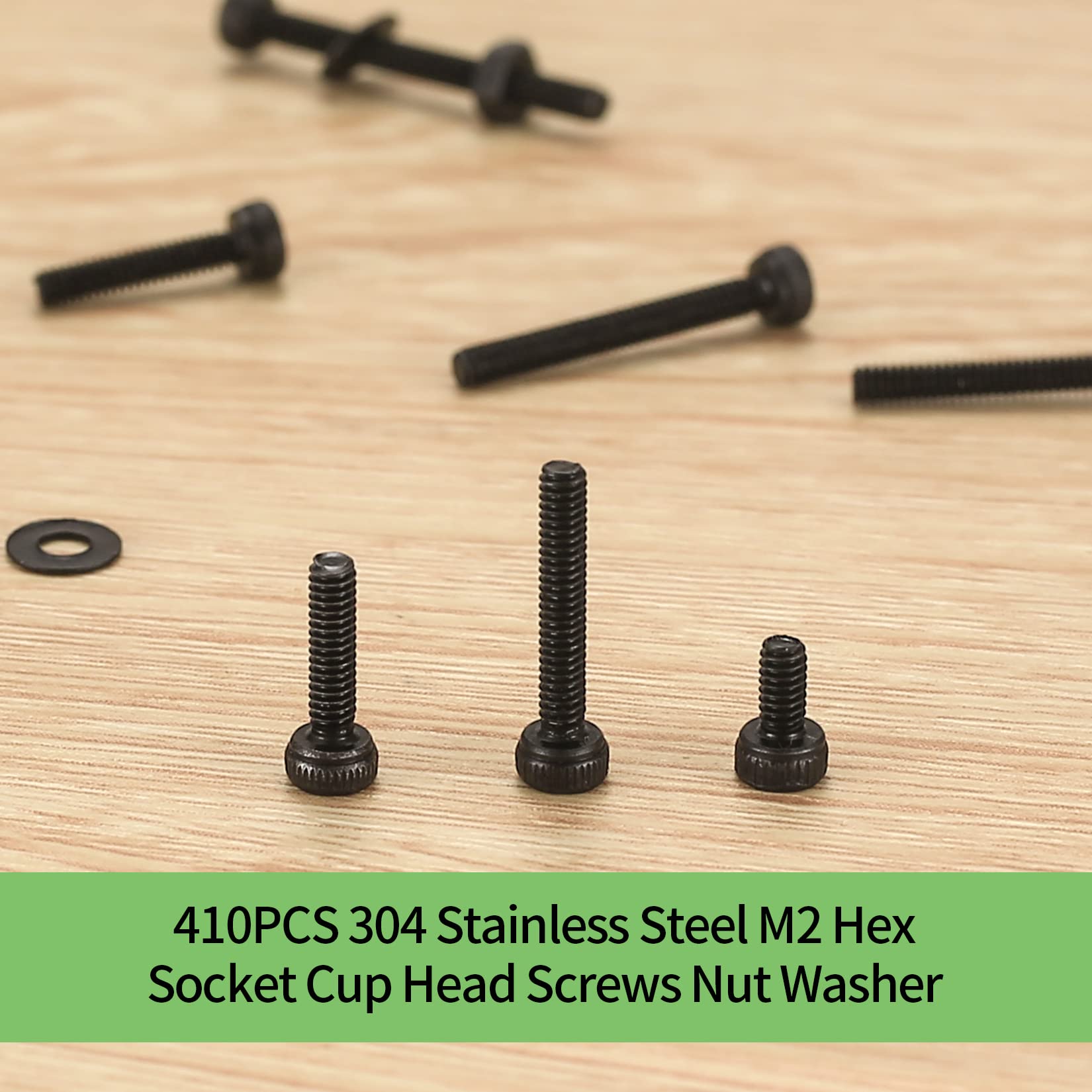 410 Stück M2 Senkkopf-Innensechskantschrauben, 10,9-Kohlenstoffstahl Vollgewinde-Maschinenschrauben, Muttern und Unterlegscheiben Sortiment mit Inbusschlüsseln