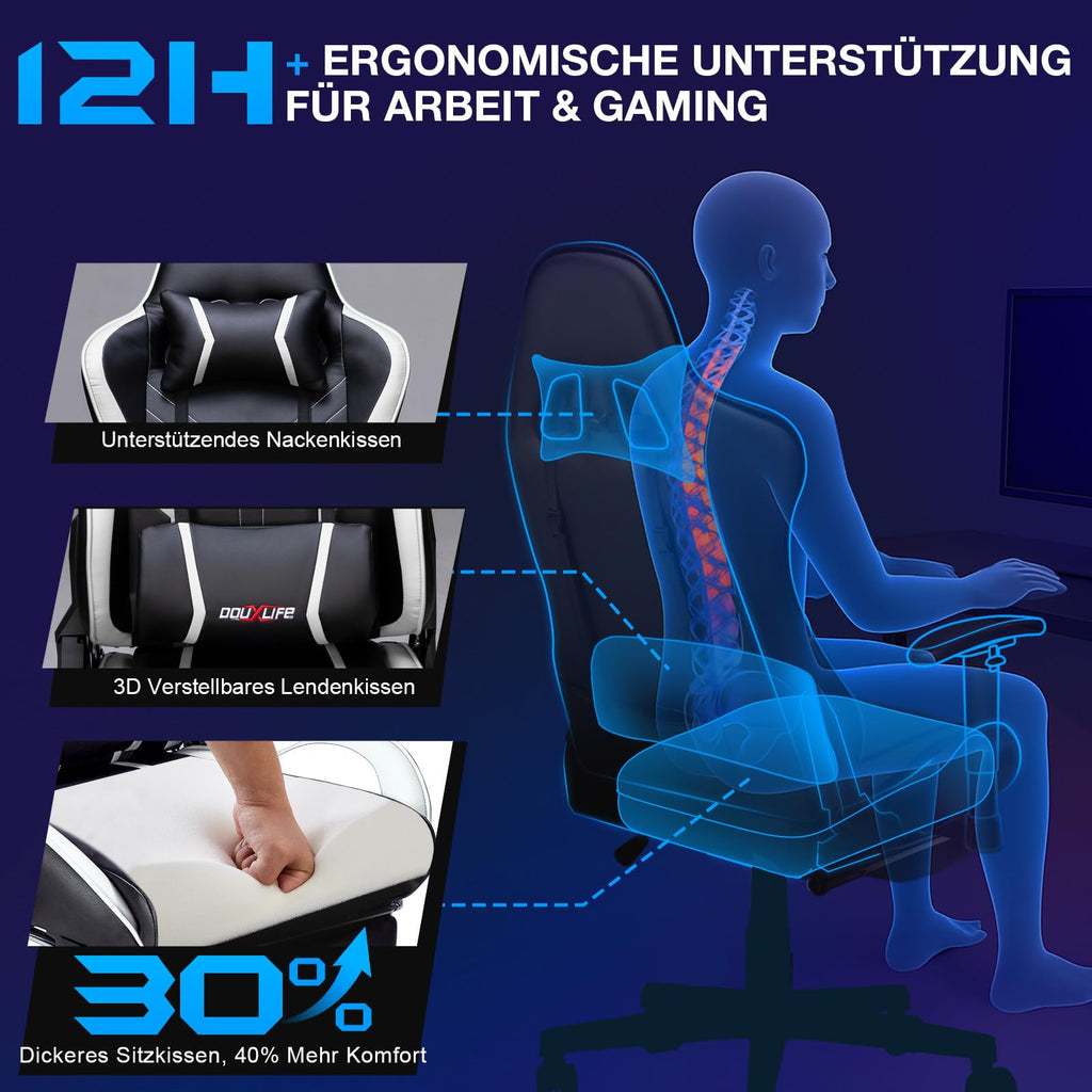 Douxlife Gaming Stuhl, mit 7 Punkt Massage, Fußstütze, Ergonomischer 180KG Bürostuhl, 90-175° Rückenlehne Einstellbar, Verstellbare Armlehne, Schreibtischstuh für Erwachsener, Schwarz Weiß