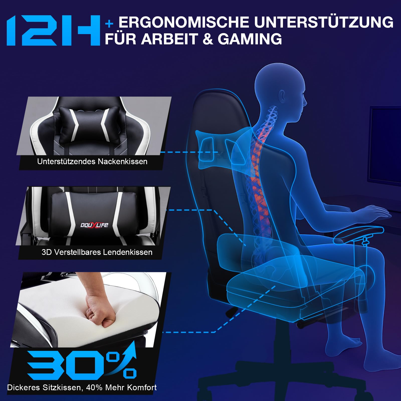 Douxlife Gaming Stuhl, mit 7 Punkt Massage, Fußstütze, Ergonomischer 180KG Bürostuhl, 90-175° Rückenlehne Einstellbar, Verstellbare Armlehne, Schreibtischstuh für Erwachsener, Schwarz Weiß