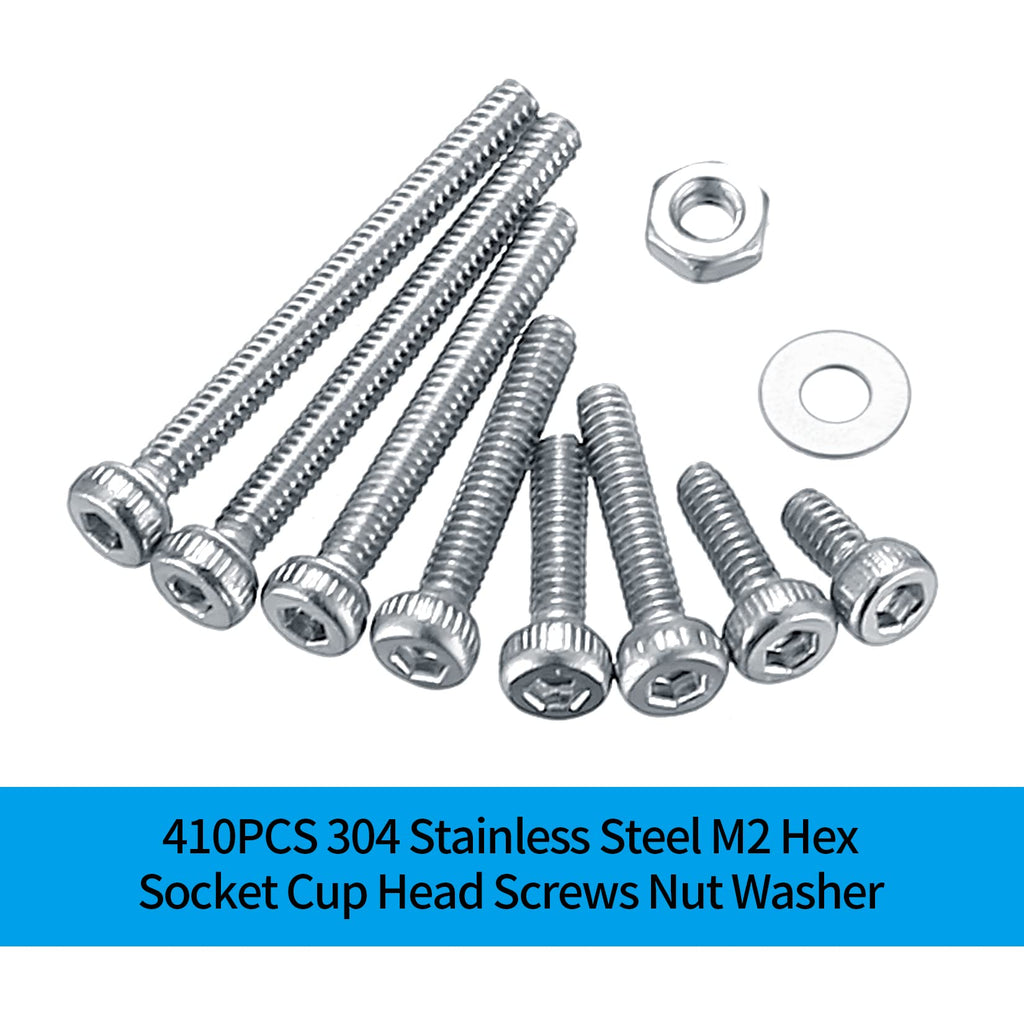410 Stück M2 Senkkopf-Innensechskantschrauben, 10,9-Kohlenstoffstahl Vollgewinde-Maschinenschrauben, Muttern und Unterlegscheiben Sortiment mit Inbusschlüsseln
