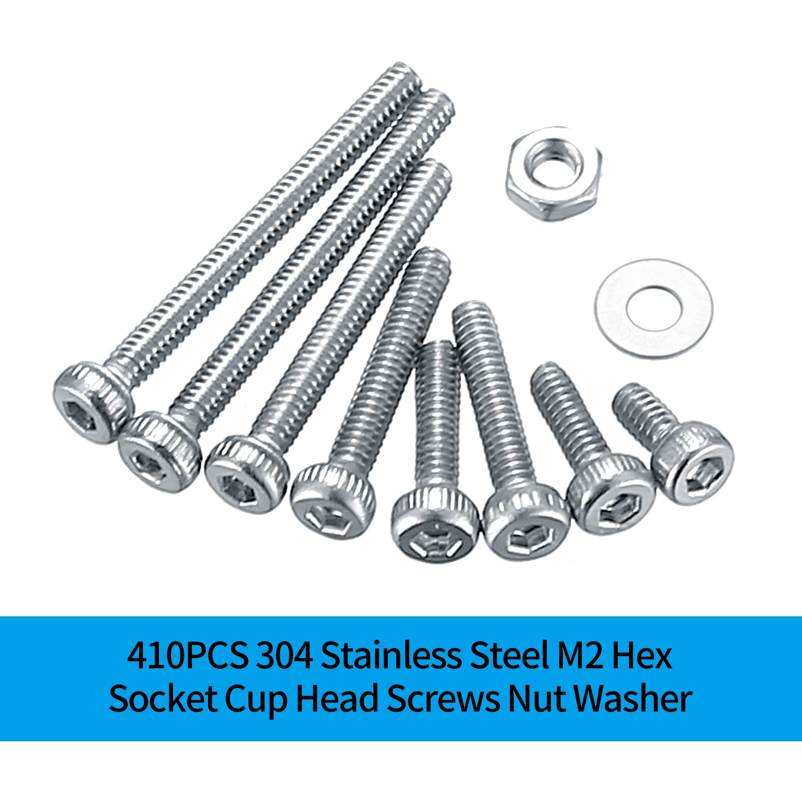 410 Stück M2 Senkkopf-Innensechskantschrauben, 10,9-Kohlenstoffstahl Vollgewinde-Maschinenschrauben, Muttern und Unterlegscheiben Sortiment mit Inbusschlüsseln