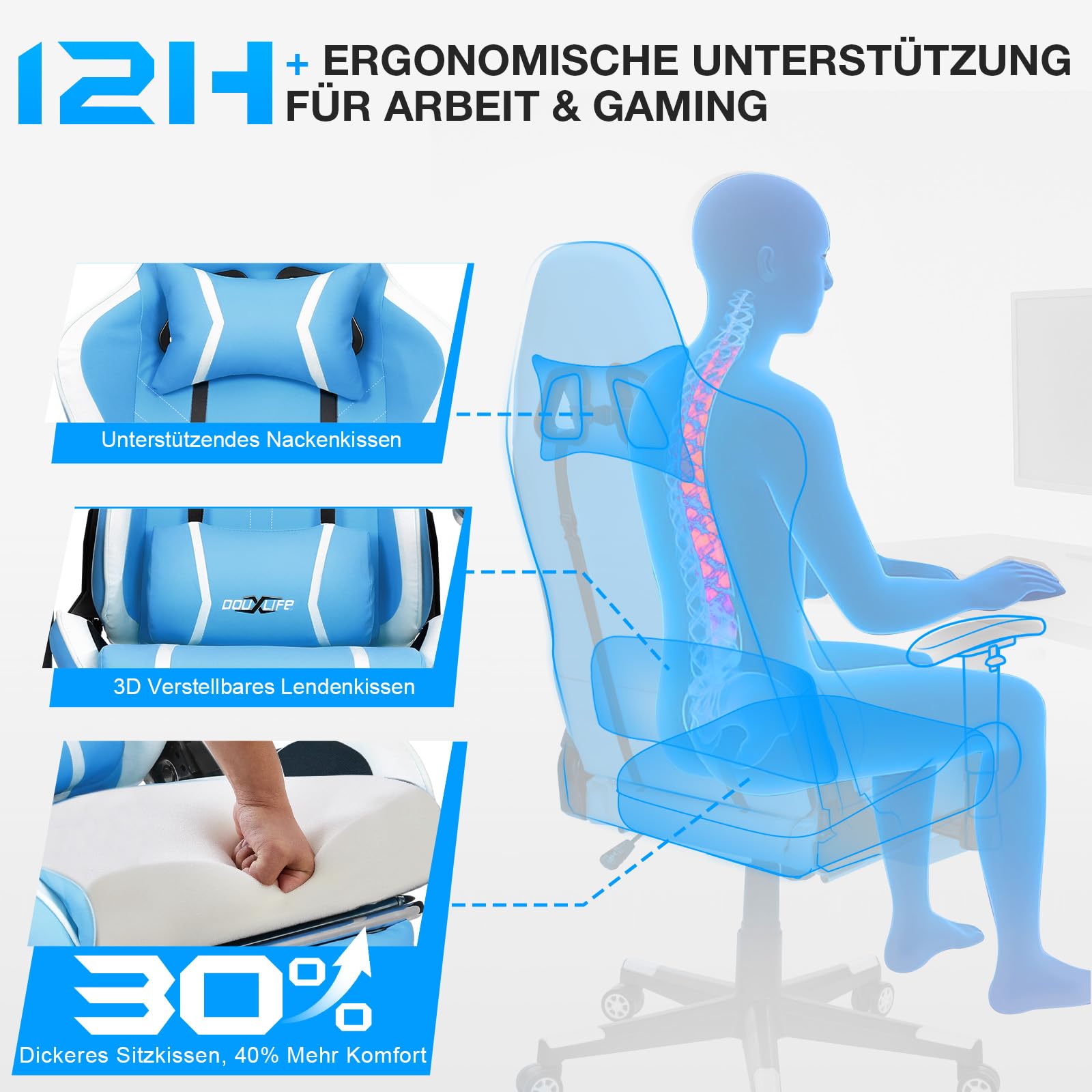 Douxlife Gaming Stuhl, mit 7 Punkt Massage, Fußstütze, Ergonomischer 180KG Bürostuhl, 90-175° Rückenlehne Einstellbar, Verstellbare Armlehne, Schreibtischstuh für Erwachsener, Schwarz Weiß