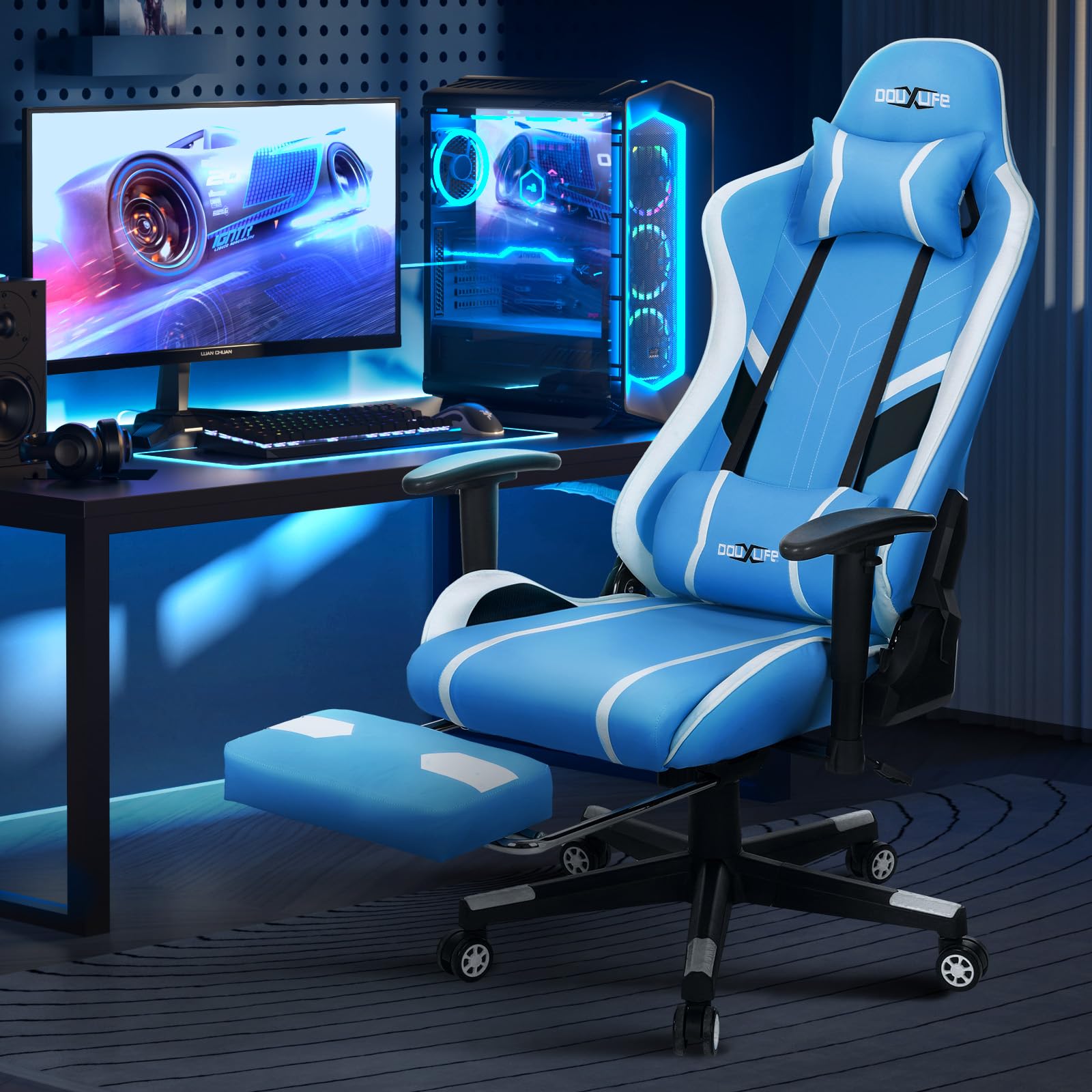 Douxlife Gaming Stuhl, mit 7 Punkt Massage, Fußstütze, Ergonomischer 180KG Bürostuhl, 90-175° Rückenlehne Einstellbar, Verstellbare Armlehne, Schreibtischstuh für Erwachsener, Schwarz Weiß