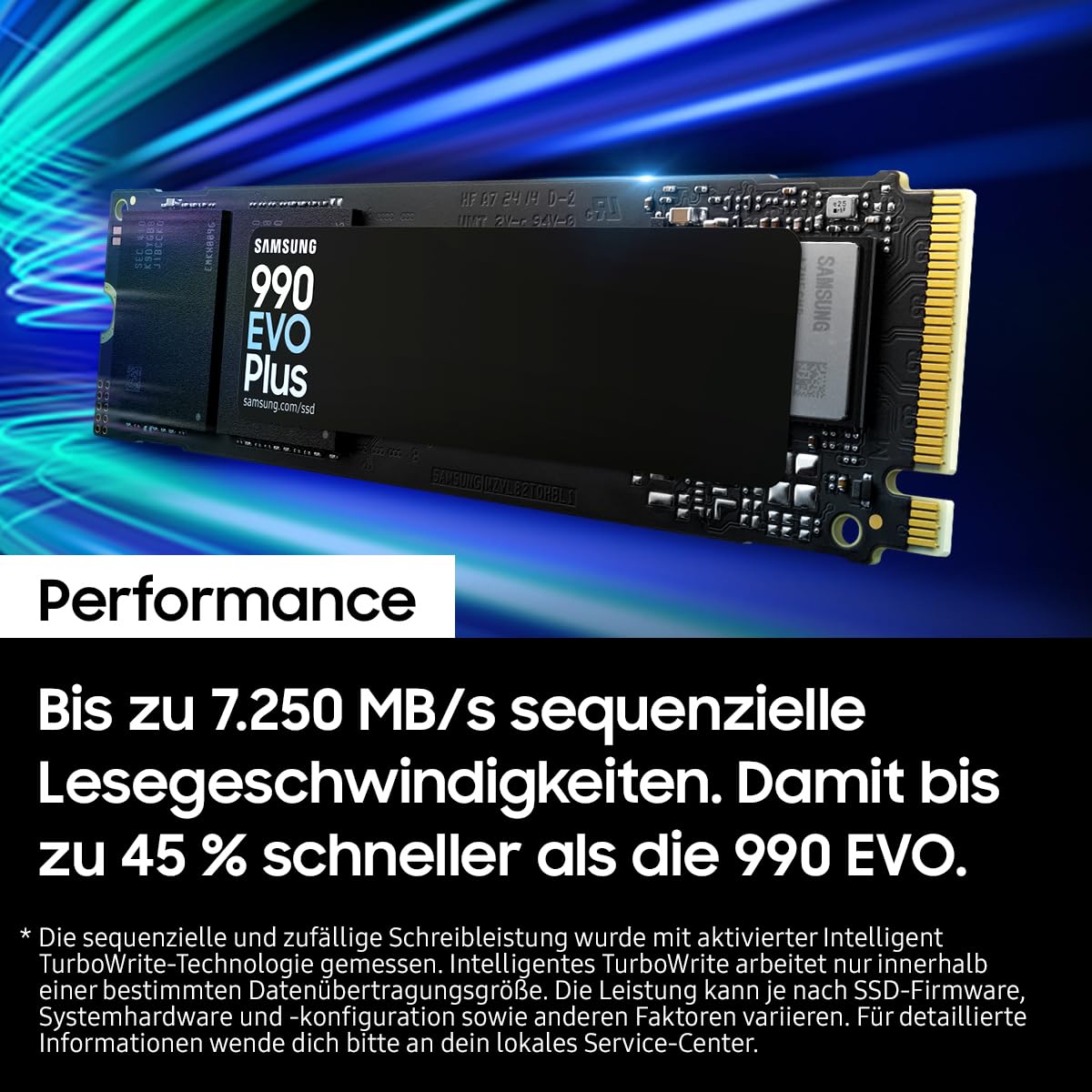 Samsung 990 EVO Plus NVMe M.2 SSD 1 TB, PCIe 4.0 x4 / PCIe 5.0 x2, NVMe 2.0 (2280), 7.150 MB/s Lesen, 6.300 MB/s Schreiben, Interne SSD für Gaming und Grafikbearbeitung, MZ-V9S1T0BW