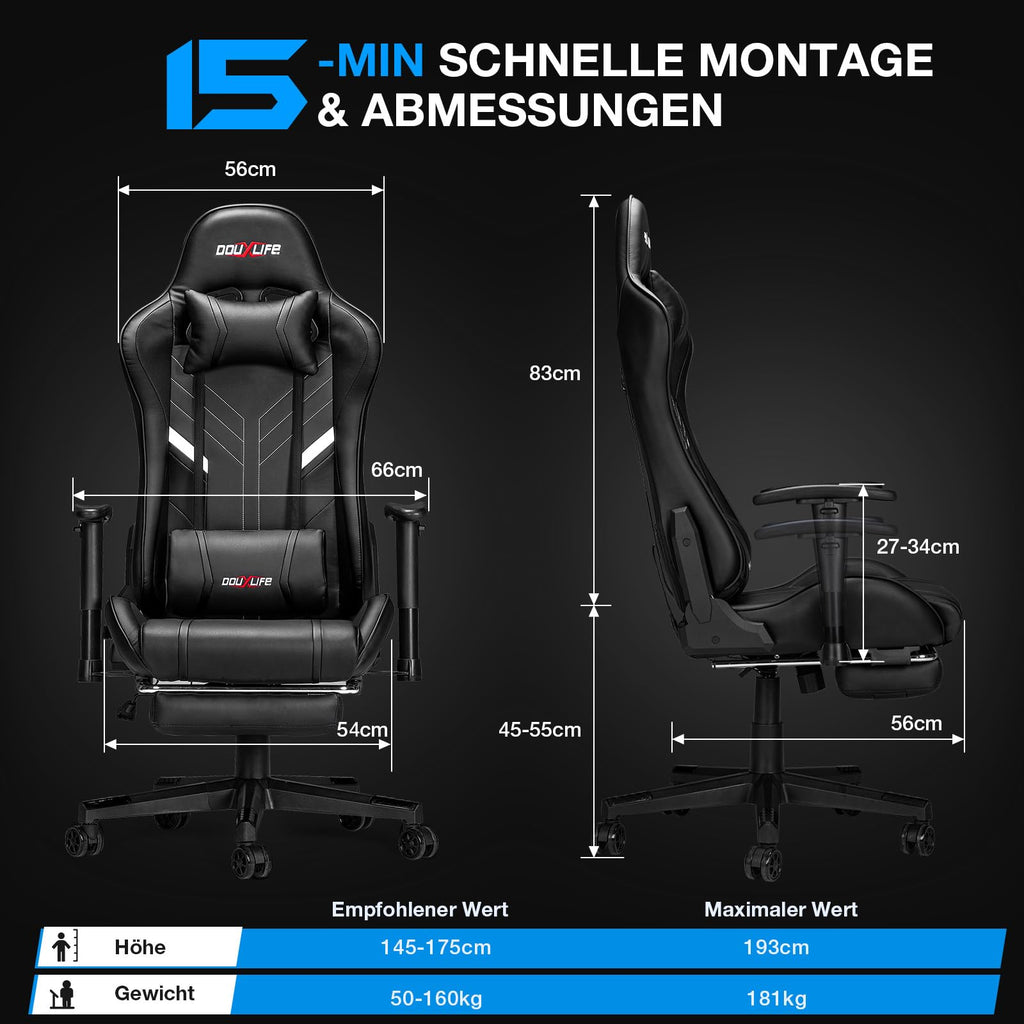 Douxlife Gaming Stuhl, mit 7 Punkt Massage, Fußstütze, Ergonomischer 180KG Bürostuhl, 90-175° Rückenlehne Einstellbar, Verstellbare Armlehne, Schreibtischstuh für Erwachsener, Schwarz Weiß