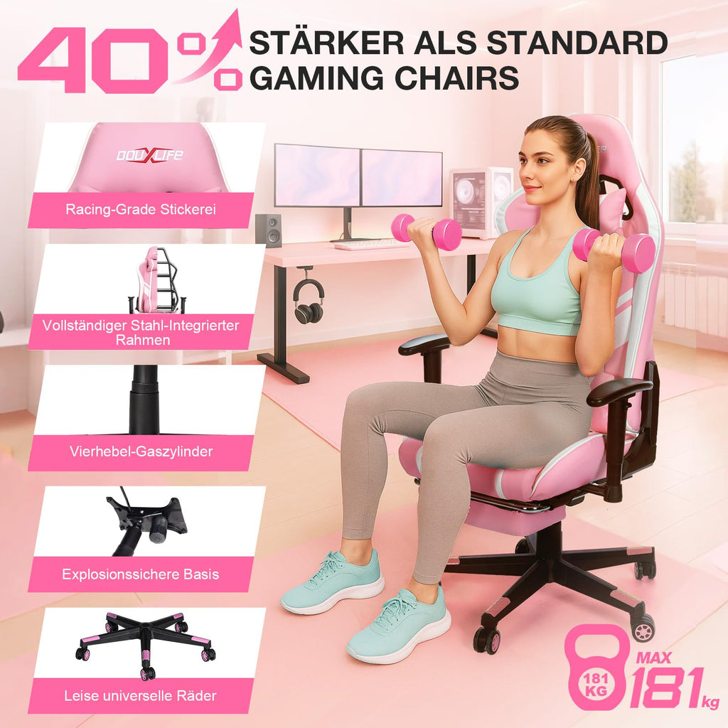 Douxlife Gaming Stuhl, mit 7 Punkt Massage, Fußstütze, Ergonomischer 180KG Bürostuhl, 90-175° Rückenlehne Einstellbar, Verstellbare Armlehne, Schreibtischstuh für Erwachsener, Schwarz Weiß