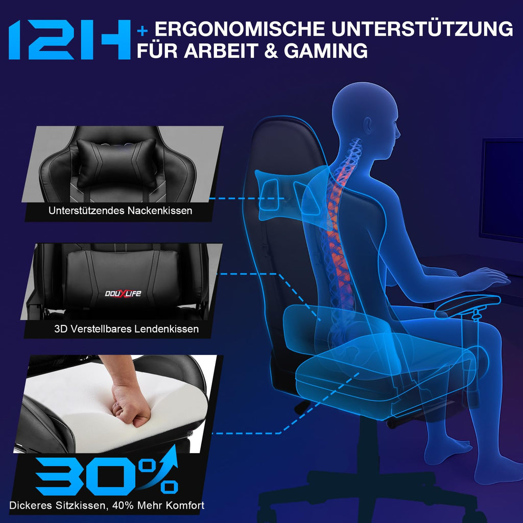 Douxlife Gaming Stuhl, mit 7 Punkt Massage, Fußstütze, Ergonomischer 180KG Bürostuhl, 90-175° Rückenlehne Einstellbar, Verstellbare Armlehne, Schreibtischstuh für Erwachsener, Schwarz Weiß