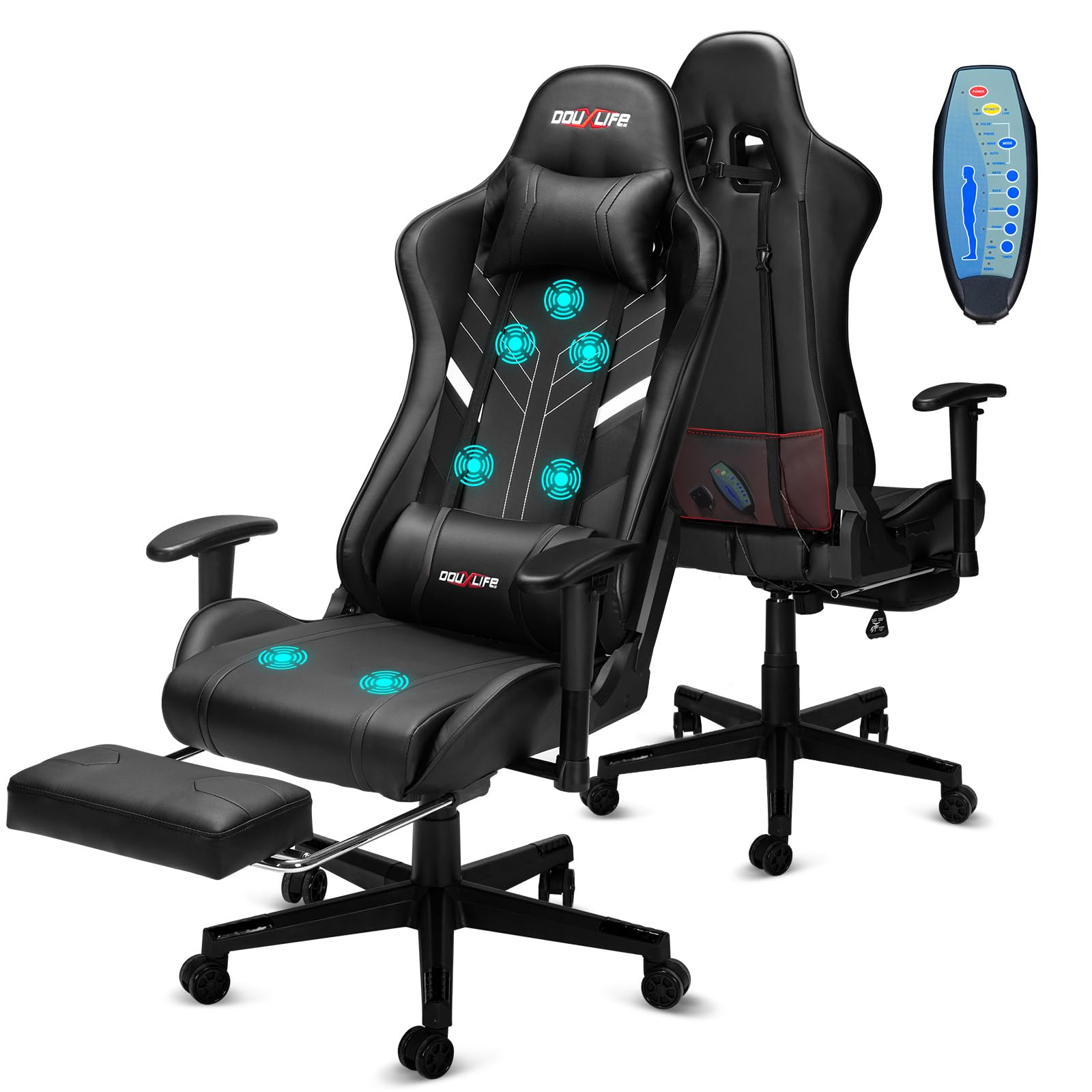 Douxlife Gaming Stuhl, mit 7 Punkt Massage, Fußstütze, Ergonomischer 180KG Bürostuhl, 90-175° Rückenlehne Einstellbar, Verstellbare Armlehne, Schreibtischstuh für Erwachsener, Schwarz Weiß