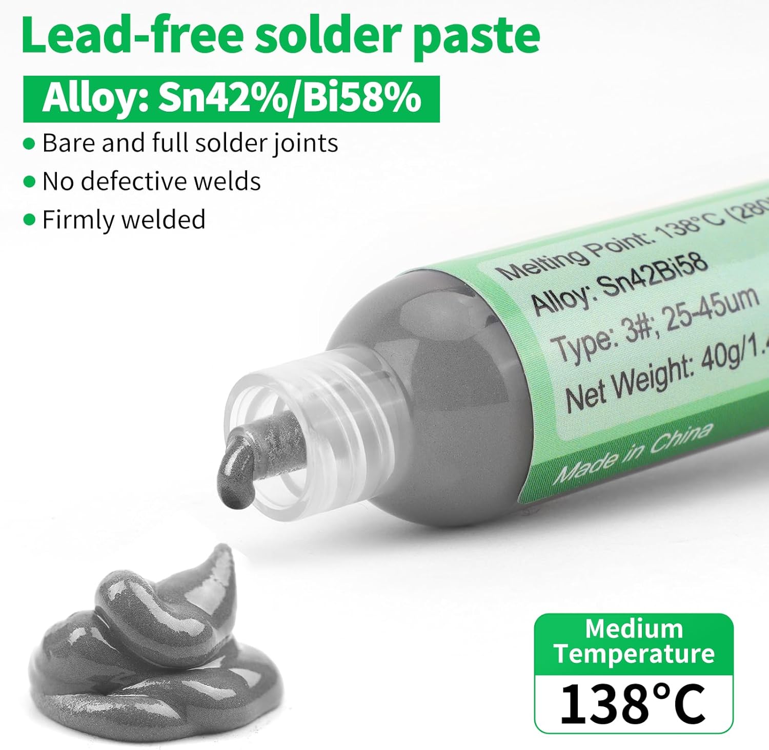 Gruiqrd Spritzenlötpaste Flussmittel Sn42 Bi58, Bleifreies Lötpaste, Lötflussmittel Zinnpaste,Niedrigtemperatur Lötzinn Paste 138 Grad, für BGA LED SMD SMT Lötzinn (1.41oz/40g)