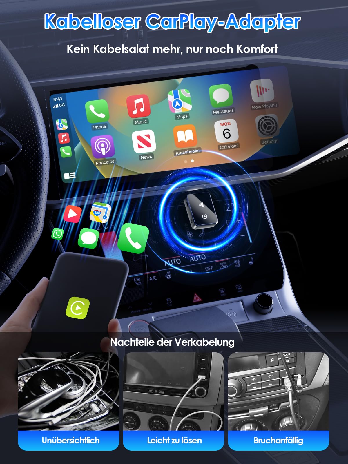 Wireless Adapter 2-in-1 für CarPlay/Android Auto, PARPAT Umwandlung von Kabelgebunden zu Kabellos mit USB/Type-C, Stabile Verbindung und Keine Verzögerung, Kompatibel mit iPhone/Android