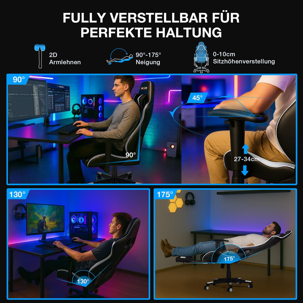 Douxlife Gaming Stuhl, mit 7 Punkt Massage, Fußstütze, Ergonomischer 180KG Bürostuhl, 90-175° Rückenlehne Einstellbar, Verstellbare Armlehne, Schreibtischstuh für Erwachsener, Schwarz Weiß