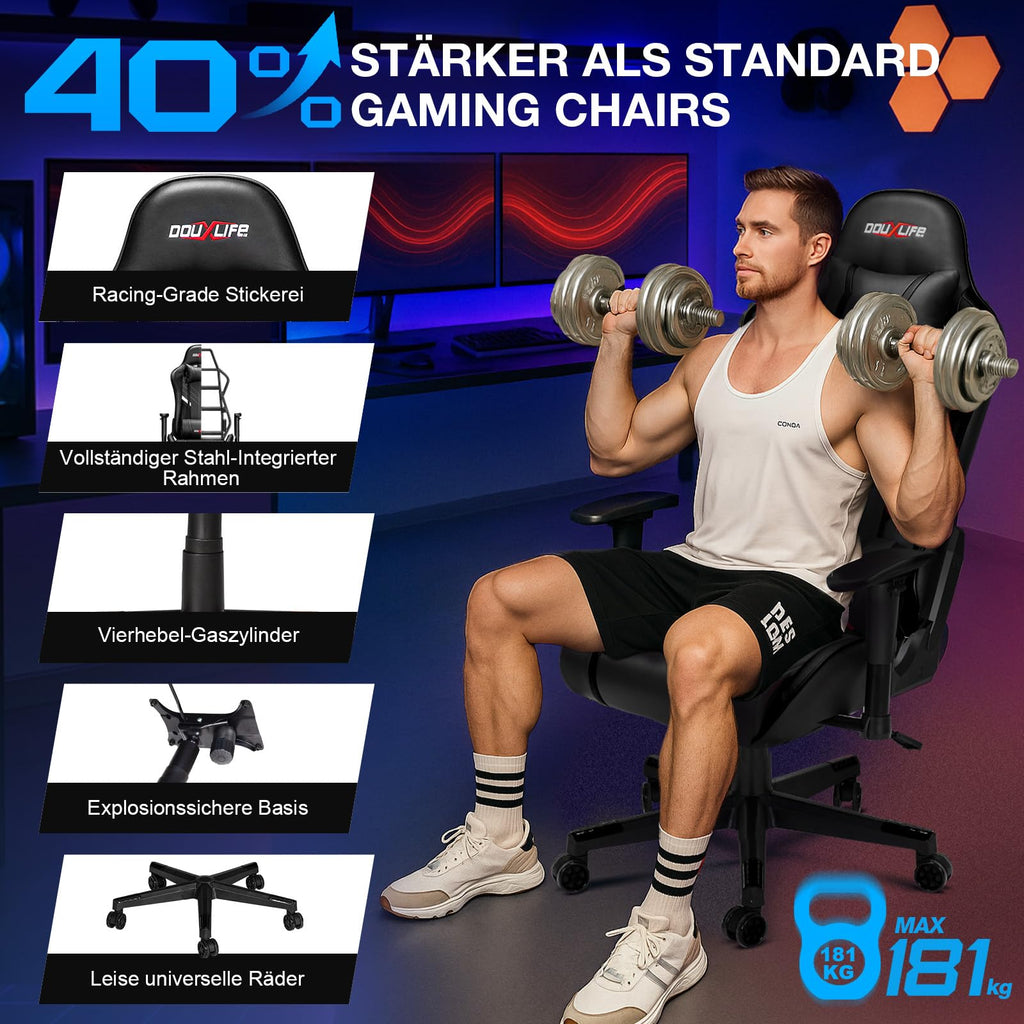 Douxlife Gaming Stuhl, mit 7 Punkt Massage, Fußstütze, Ergonomischer 180KG Bürostuhl, 90-175° Rückenlehne Einstellbar, Verstellbare Armlehne, Schreibtischstuh für Erwachsener, Schwarz Weiß