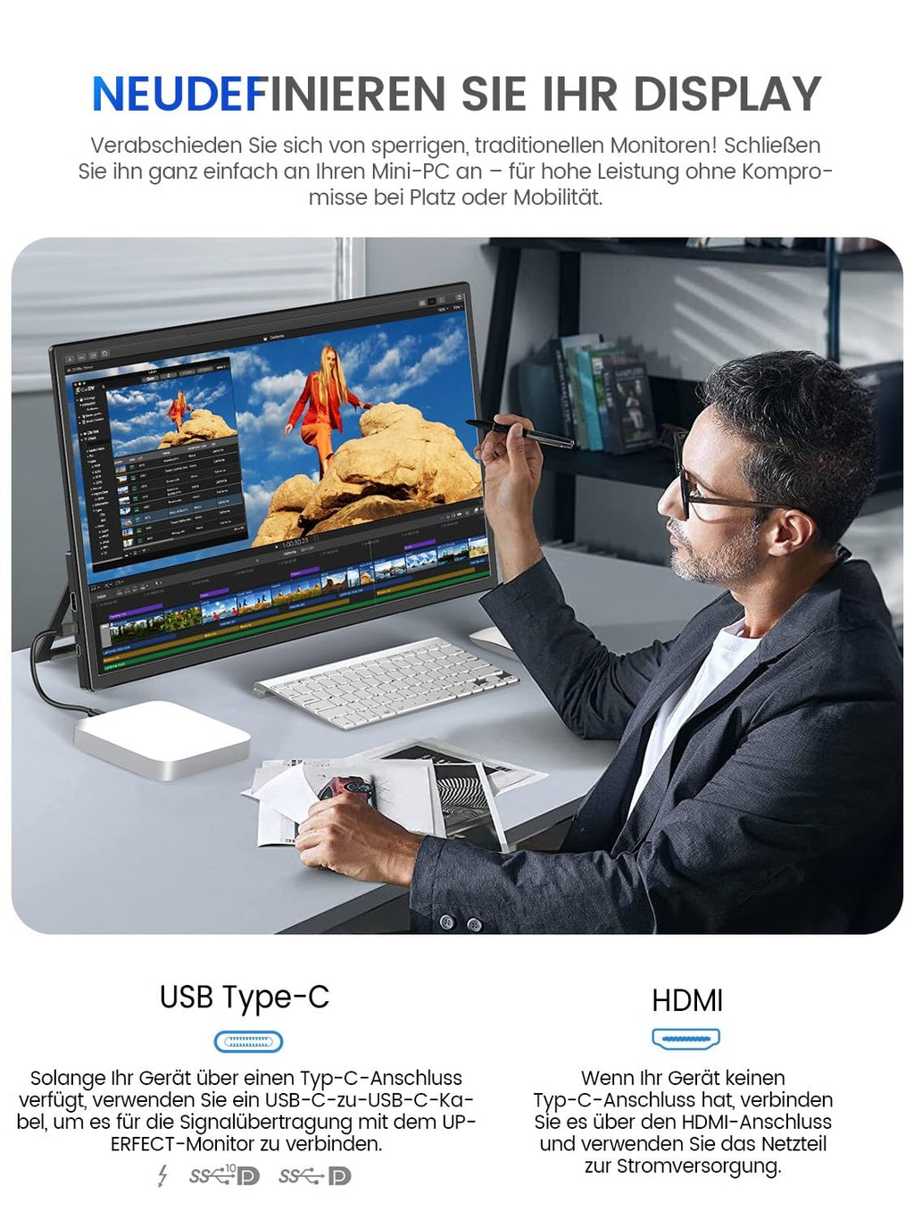 UPERFECT Portable Monitor Touchscreen 21.5 Zoll 120Hz Tragbarer Monitor Touchscreen 1300:1 1080P Bildschirm Integrierter Halterung HDMI USB C für PC Laptop Spielkonsole, Metallgehäuse VESA-Kompatibel