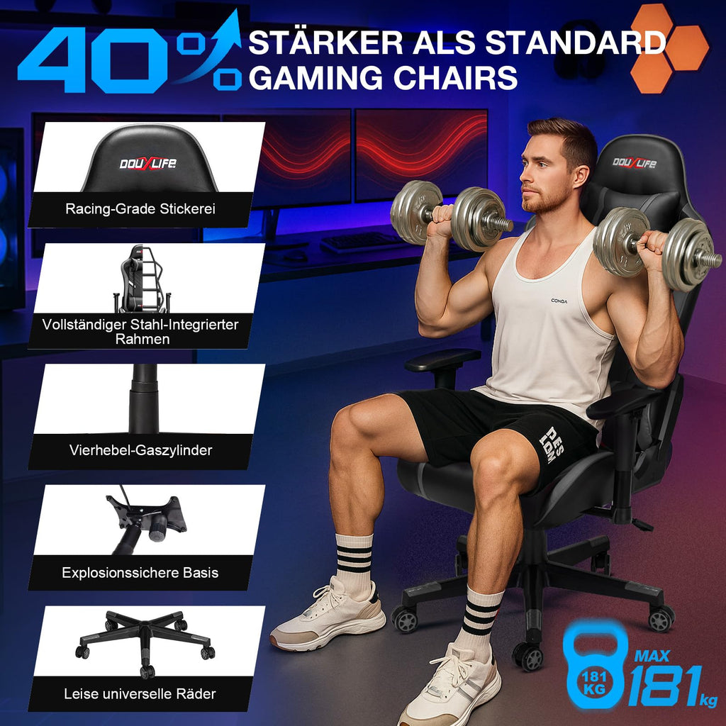 Douxlife Gaming Stuhl, mit 7 Punkt Massage, Fußstütze, Ergonomischer 180KG Bürostuhl, 90-175° Rückenlehne Einstellbar, Verstellbare Armlehne, Schreibtischstuh für Erwachsener, Schwarz Weiß