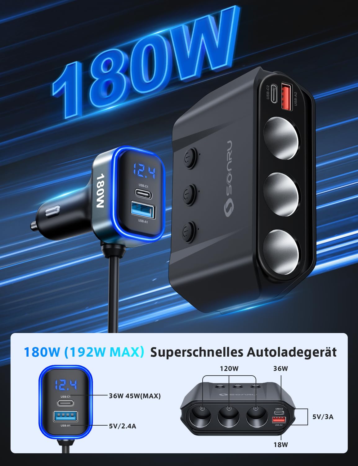 Zigarettenanzünder Verteiler 7 in 1, SONRU 180W Auto KFZ Ladegerät Adapter 12V/24V Stecker 3 Fach LED Voltmeter mit Separatem Schalter, Schnellladegerät 3 Steckdosen 4 USB Anschlüsse