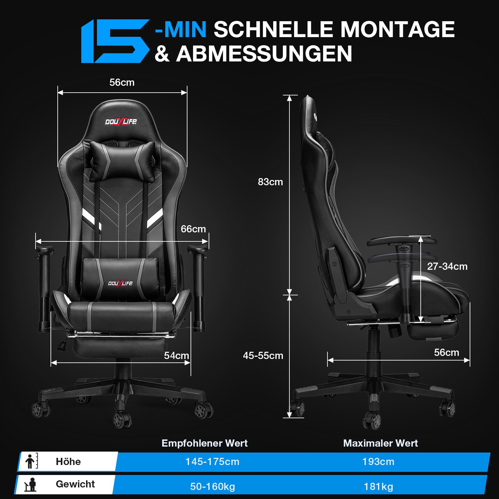 Douxlife Gaming Stuhl, mit 7 Punkt Massage, Fußstütze, Ergonomischer 180KG Bürostuhl, 90-175° Rückenlehne Einstellbar, Verstellbare Armlehne, Schreibtischstuh für Erwachsener, Schwarz Weiß
