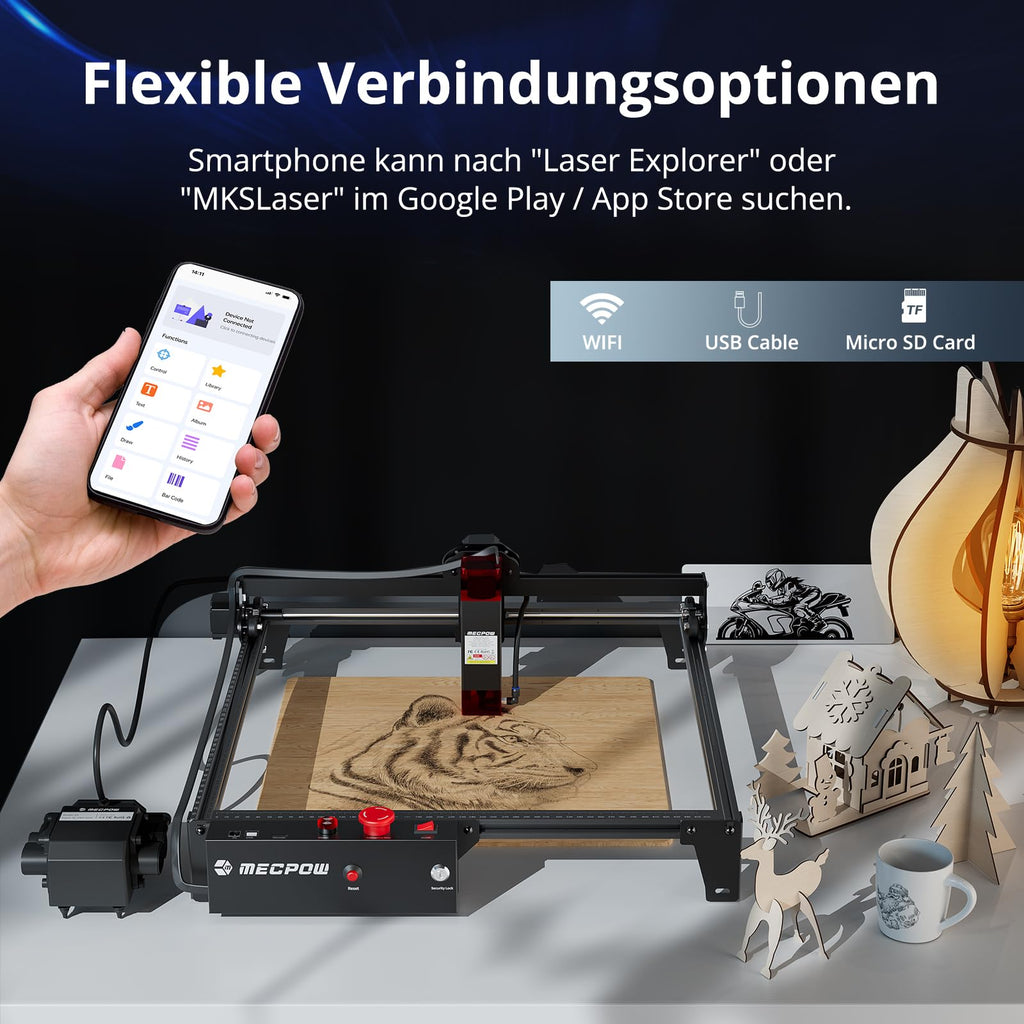 Mecpow X3 Pro Laser Graviermaschine mit Luftunterstützung, 10W Graviermaschine Laser Cutter für Holz und Metall, 60W CNC Fräsmaschine mit Not-Aus, Flammen- und Gyro-Erkennung, 410 x 400mm Fläche