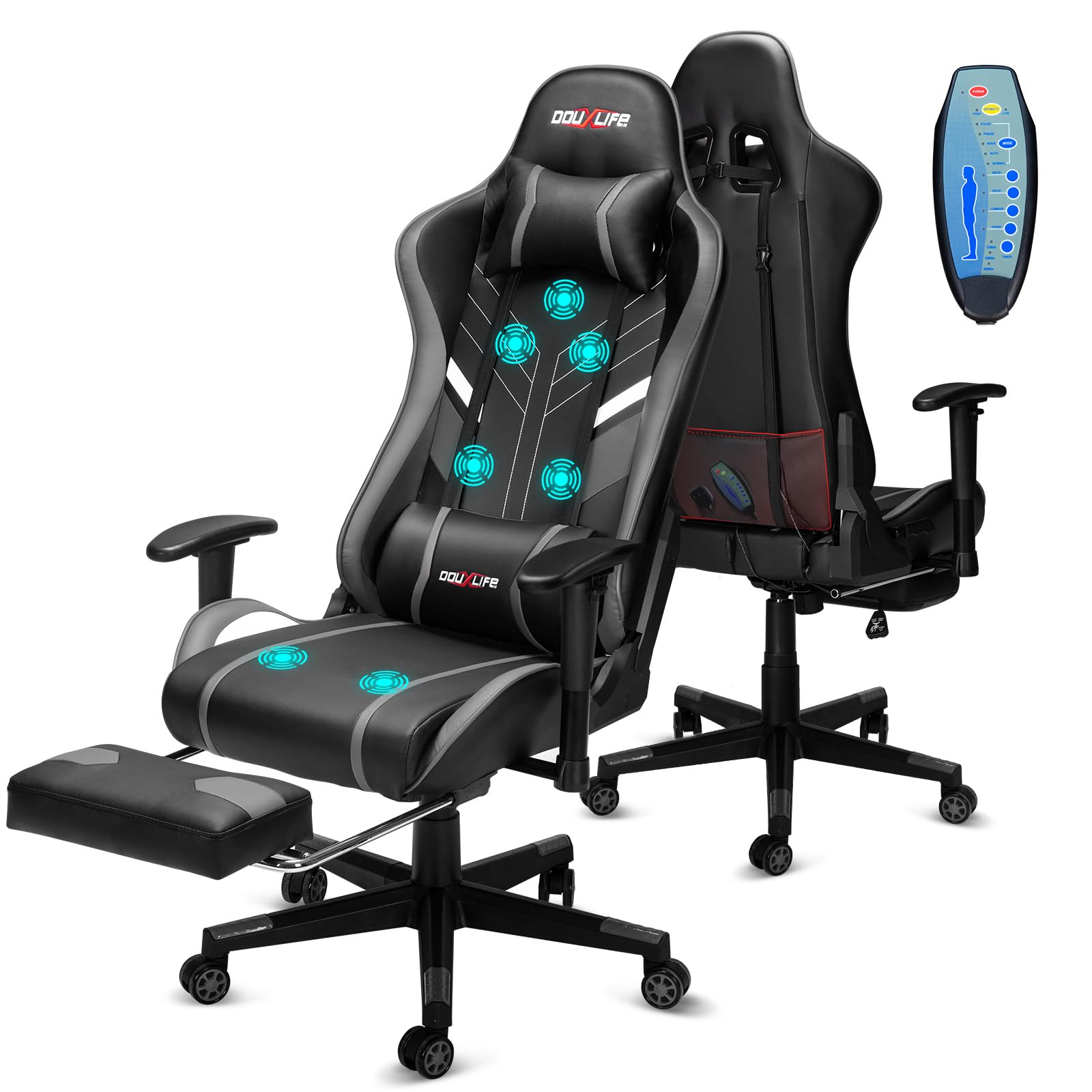 Douxlife Gaming Stuhl, mit 7 Punkt Massage, Fußstütze, Ergonomischer 180KG Bürostuhl, 90-175° Rückenlehne Einstellbar, Verstellbare Armlehne, Schreibtischstuh für Erwachsener, Schwarz Weiß