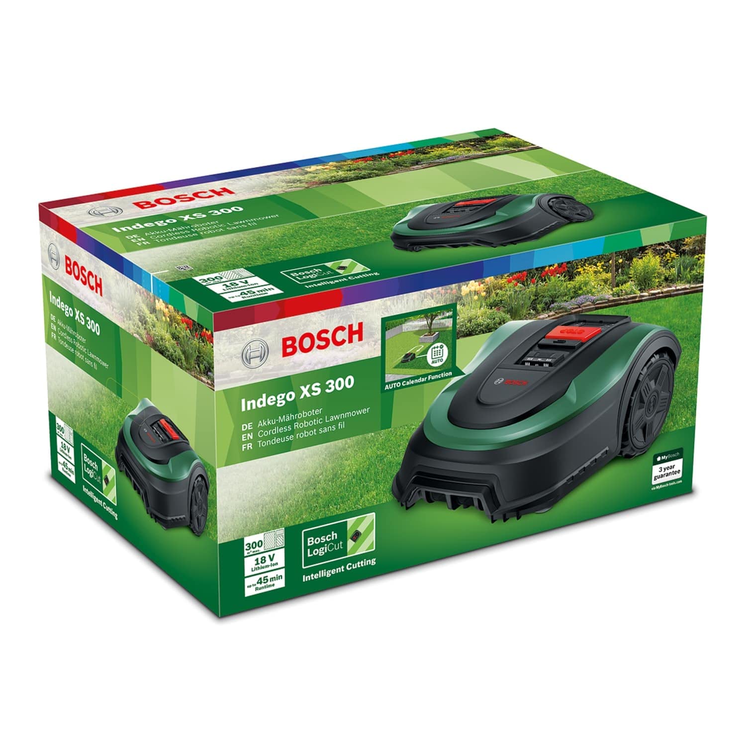 Bosch Home and Garden Indego XS 300 Robot Lawnmower (with Integrated 18 V Battery, Charging Station Included, Cutting Width 19 cm, for Lawns up to 300 m², in Box) Black, Green