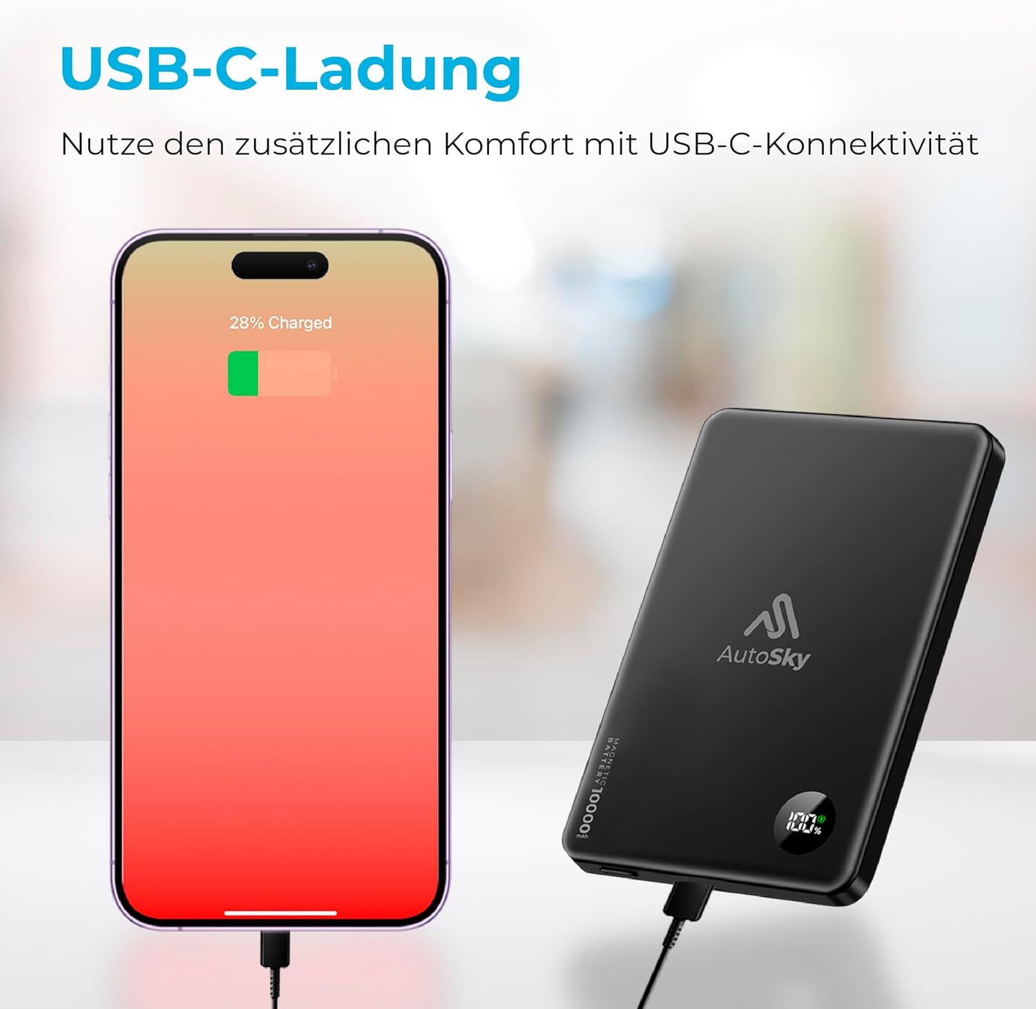 AutoSky Magnetische Powerbank 10.000 mAh | Kabellos & USB-C | LED Display (APB-200)