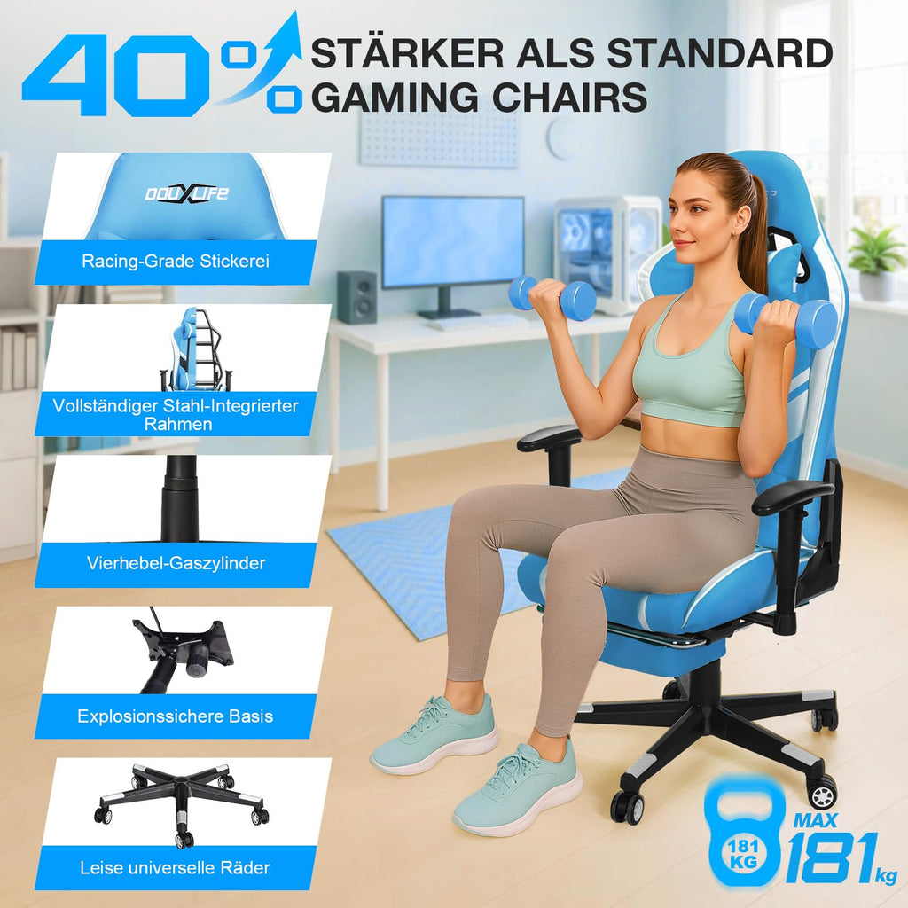 Douxlife Gaming Stuhl, mit 7 Punkt Massage, Fußstütze, Ergonomischer 180KG Bürostuhl, 90-175° Rückenlehne Einstellbar, Verstellbare Armlehne, Schreibtischstuh für Erwachsener, Schwarz Weiß