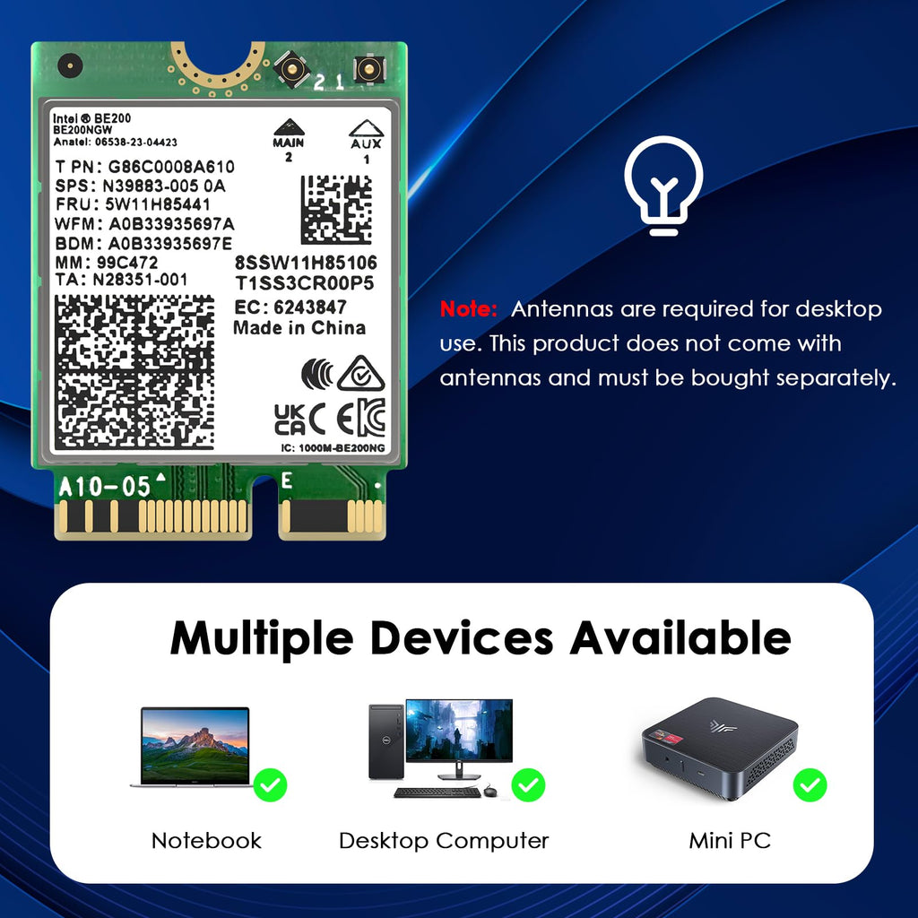 WAVLINK WiFi 7 PCIe Card BE8800 for Desktop PC, Tri-Band BE200 Wireless Adapter with Bluetooth 5.4, MU-MIMO, WPA3, for Windows 10/11 (64bit), Does Not Support AMD Motherboards