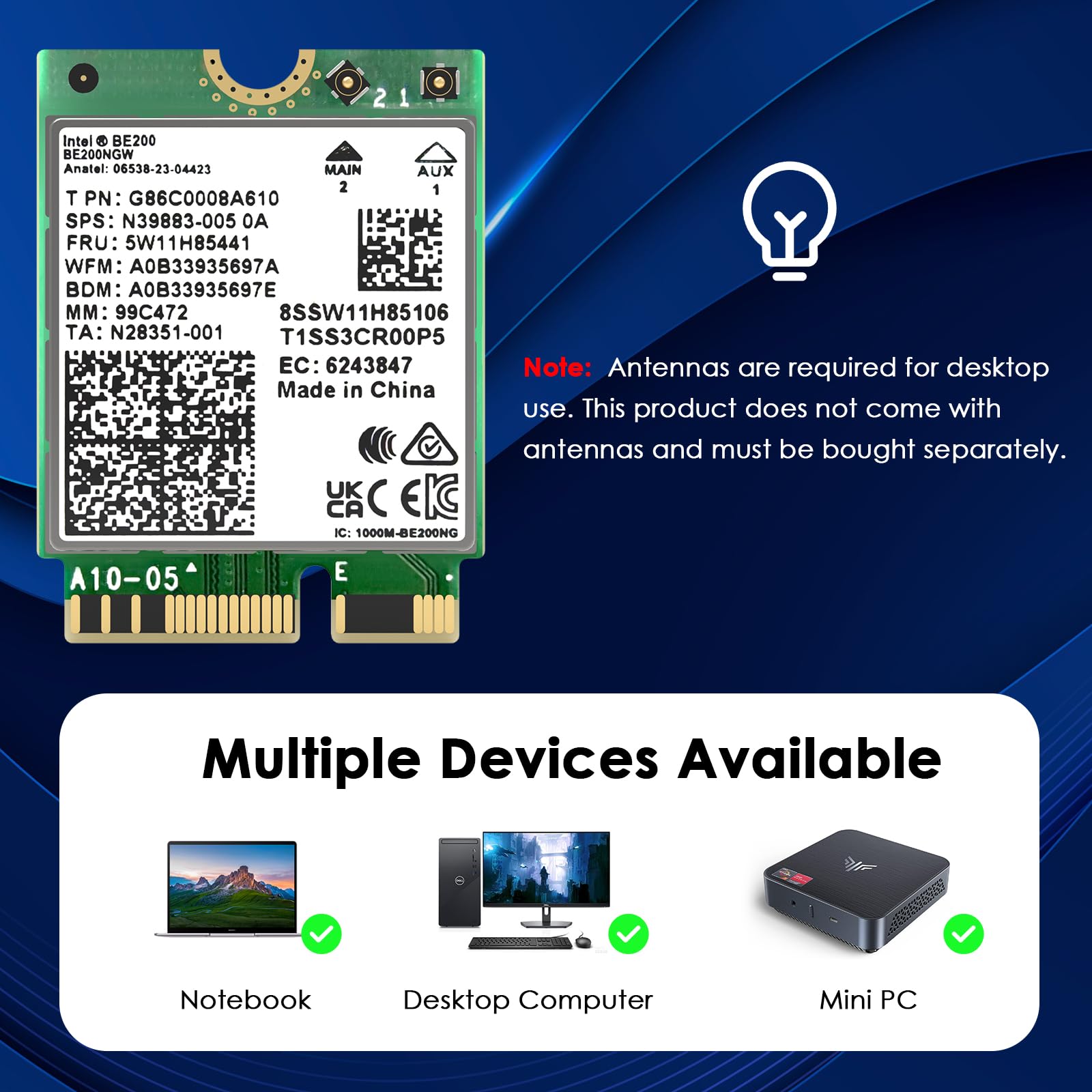 WAVLINK WiFi 7 PCIe Card BE8800 for Desktop PC, Tri-Band BE200 Wireless Adapter with Bluetooth 5.4, MU-MIMO, WPA3, for Windows 10/11 (64bit), Does Not Support AMD Motherboards