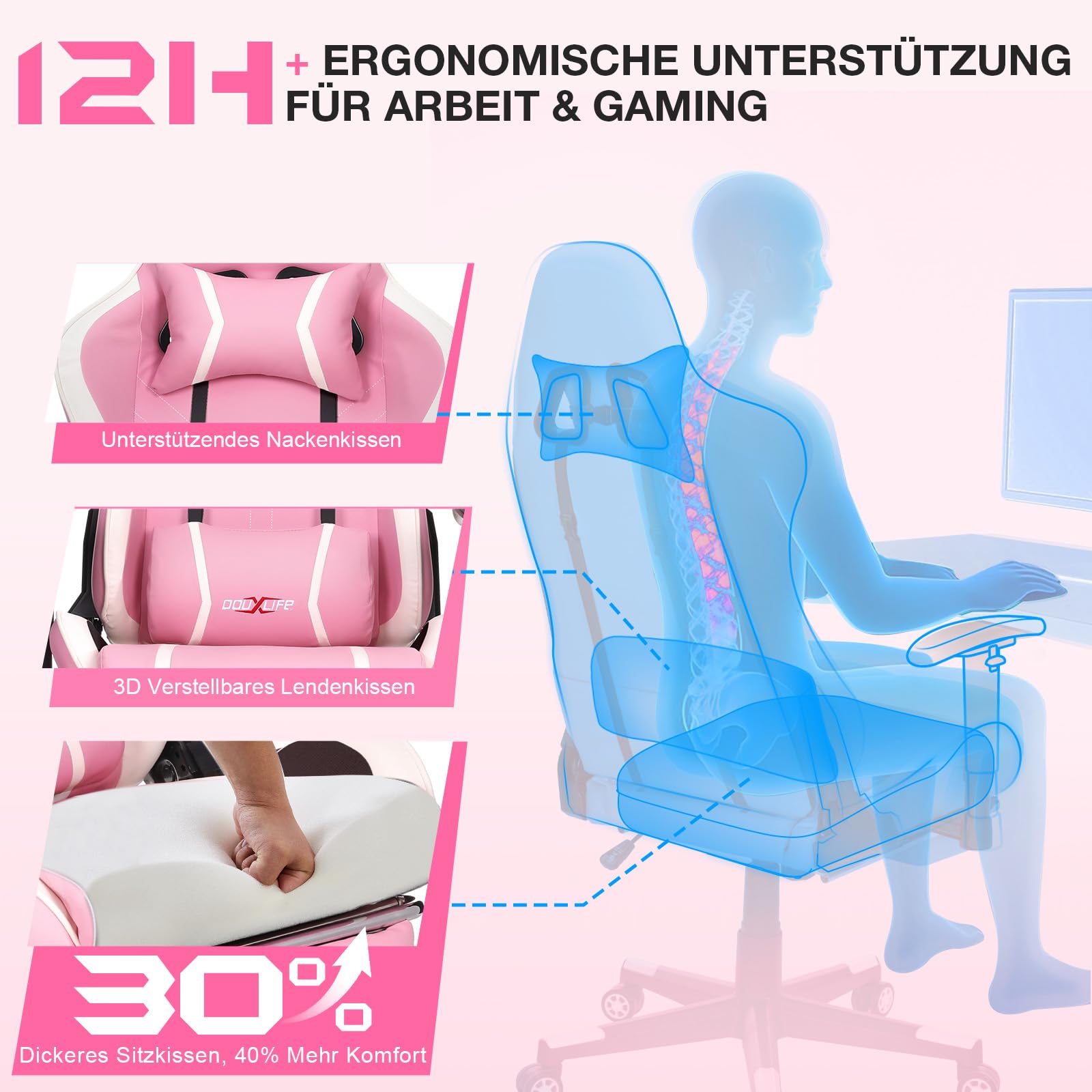 Douxlife Gaming Stuhl, mit 7 Punkt Massage, Fußstütze, Ergonomischer 180KG Bürostuhl, 90-175° Rückenlehne Einstellbar, Verstellbare Armlehne, Schreibtischstuh für Erwachsener, Schwarz Weiß