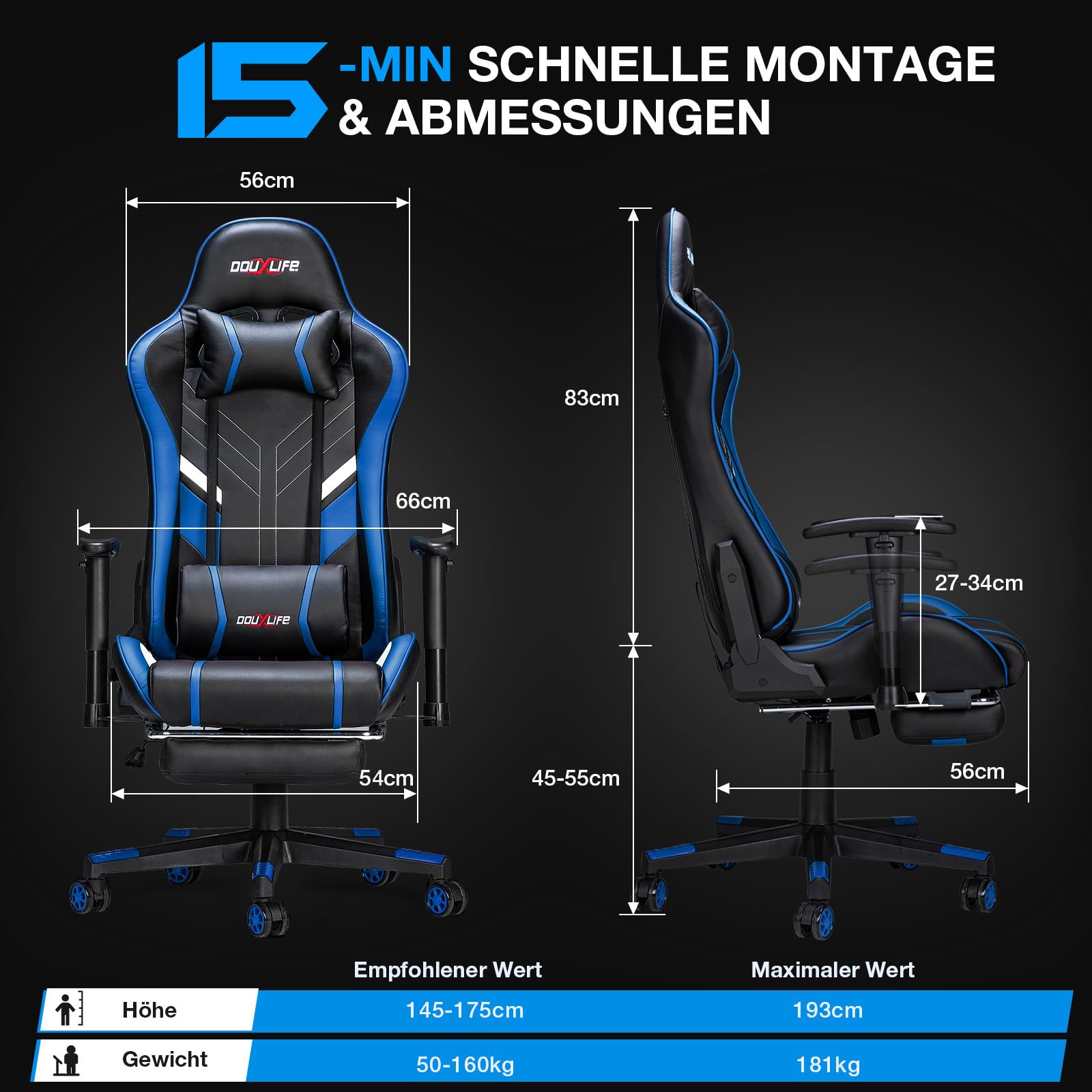 Douxlife Gaming Stuhl, mit 7 Punkt Massage, Fußstütze, Ergonomischer 180KG Bürostuhl, 90-175° Rückenlehne Einstellbar, Verstellbare Armlehne, Schreibtischstuh für Erwachsener, Schwarz Weiß