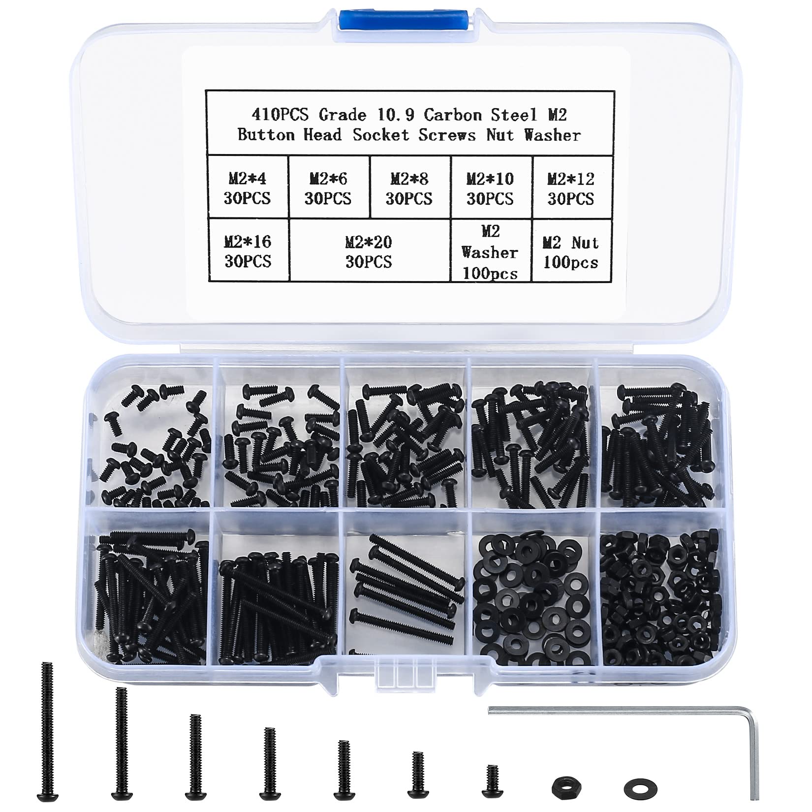 410 Stück M2 Senkkopf-Innensechskantschrauben, 10,9-Kohlenstoffstahl Vollgewinde-Maschinenschrauben, Muttern und Unterlegscheiben Sortiment mit Inbusschlüsseln