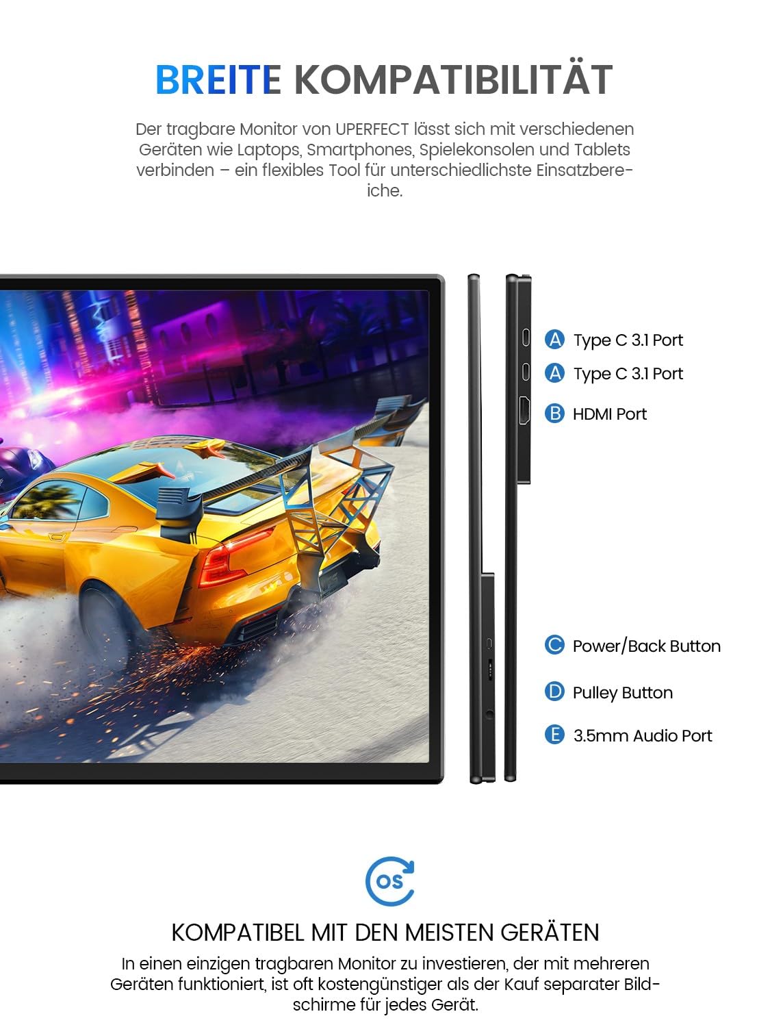 UPERFECT Portable Monitor Touchscreen 21.5 Zoll 120Hz Tragbarer Monitor Touchscreen 1300:1 1080P Bildschirm Integrierter Halterung HDMI USB C für PC Laptop Spielkonsole, Metallgehäuse VESA-Kompatibel