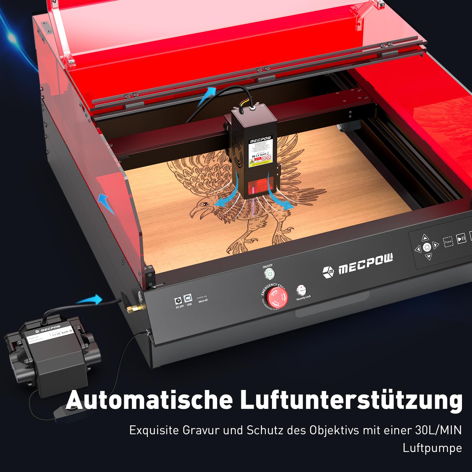 Mecpow X3 Pro Laser Graviermaschine mit Luftunterstützung, 10W Graviermaschine Laser Cutter für Holz und Metall, 60W CNC Fräsmaschine mit Not-Aus, Flammen- und Gyro-Erkennung, 410 x 400mm Fläche