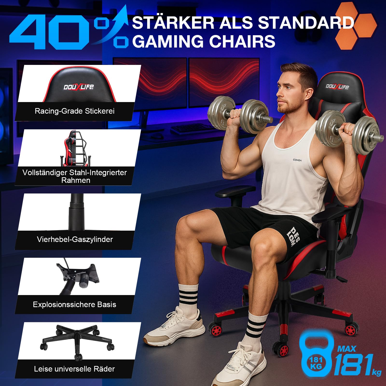 Douxlife Gaming Stuhl, mit 7 Punkt Massage, Fußstütze, Ergonomischer 180KG Bürostuhl, 90-175° Rückenlehne Einstellbar, Verstellbare Armlehne, Schreibtischstuh für Erwachsener, Schwarz Weiß