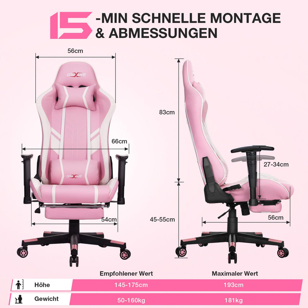 Douxlife Gaming Stuhl, mit 7 Punkt Massage, Fußstütze, Ergonomischer 180KG Bürostuhl, 90-175° Rückenlehne Einstellbar, Verstellbare Armlehne, Schreibtischstuh für Erwachsener, Schwarz Weiß