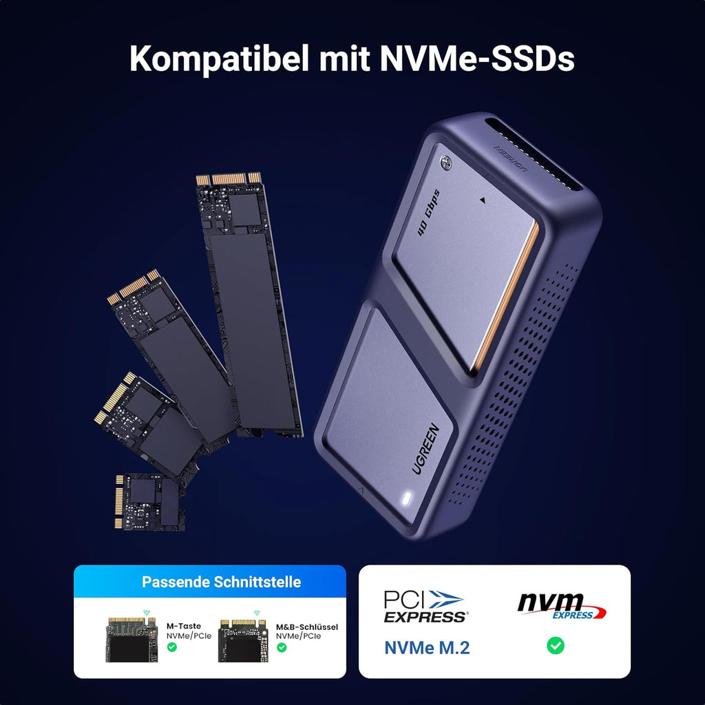 UGREEN USB 4 M2 Gehäuse, 40Gbps NVMe Gehäuse mit leistungsstarker Kühlleistung, USB M2 SSD Adapter für Datenspeicher, kompatibel mit MacBook Pro M4/M4 Pro und M4 Max, HP Celeron N4120, Mac mini M4