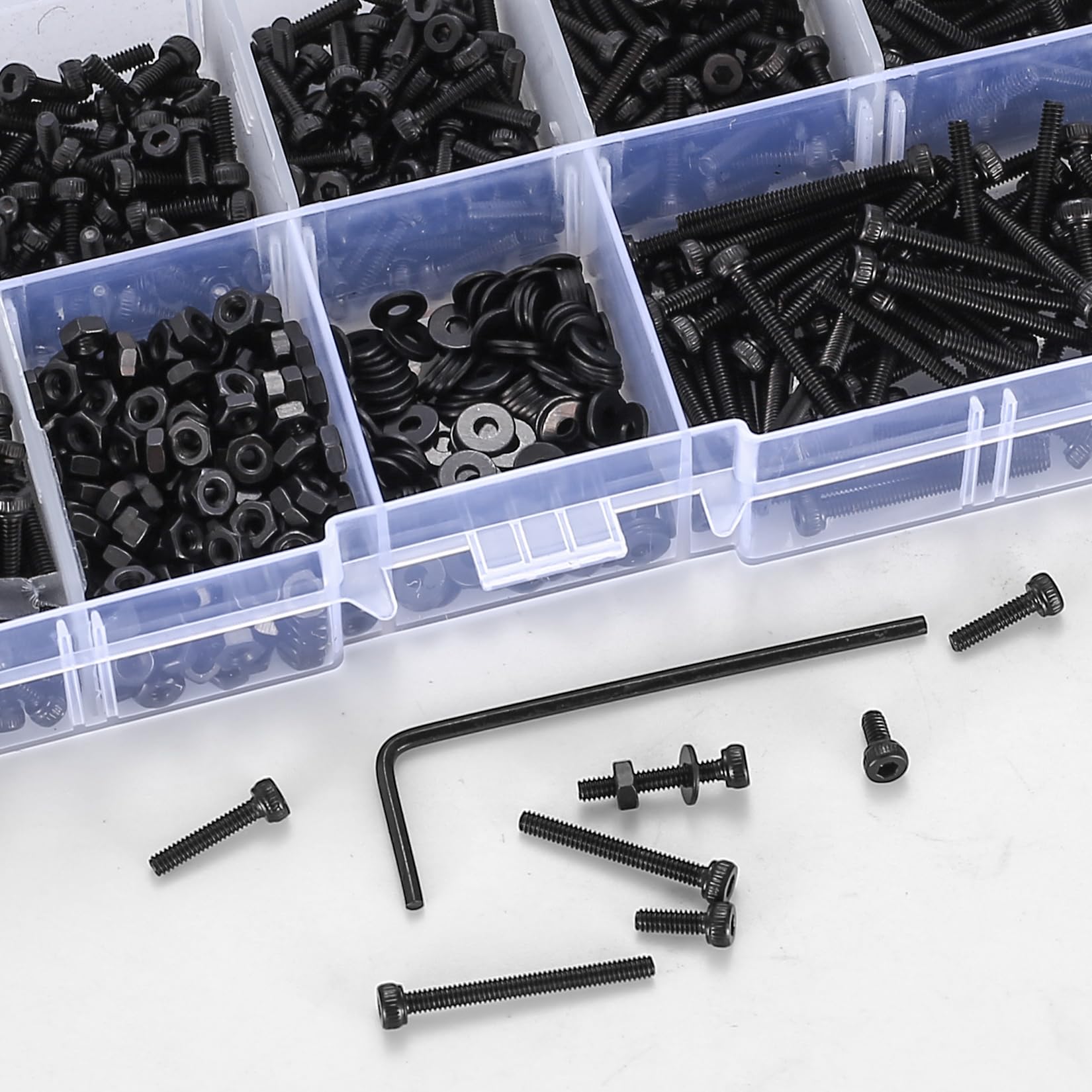 410 Stück M2 Senkkopf-Innensechskantschrauben, 10,9-Kohlenstoffstahl Vollgewinde-Maschinenschrauben, Muttern und Unterlegscheiben Sortiment mit Inbusschlüsseln