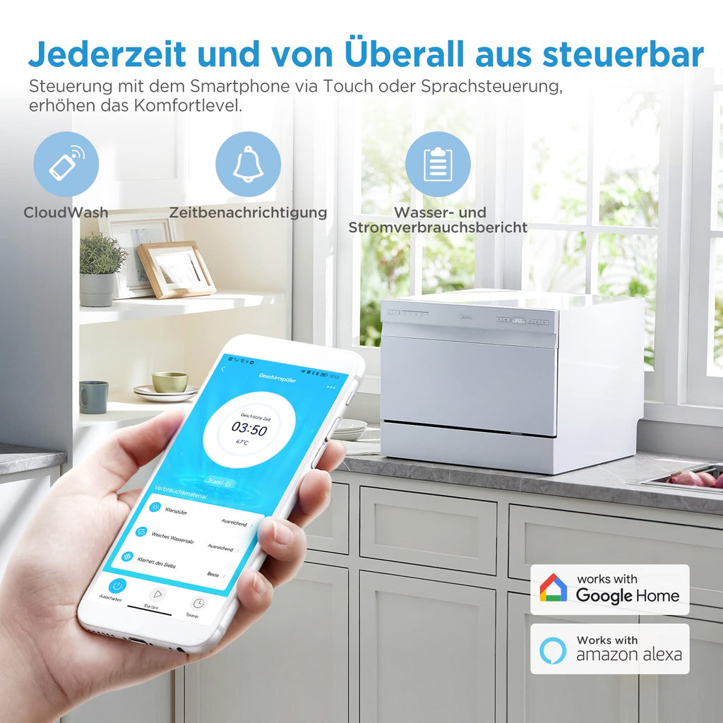 Midea ST 3.6F wi Tischgeschirrspüler, 6 Waschprogramme, Startzeitvorwahl, Extra Trockungs-Funktion, IOT-Steuerung, Mini Geschirrspüler, Ideal für Kleine Wohnungen, Weiß