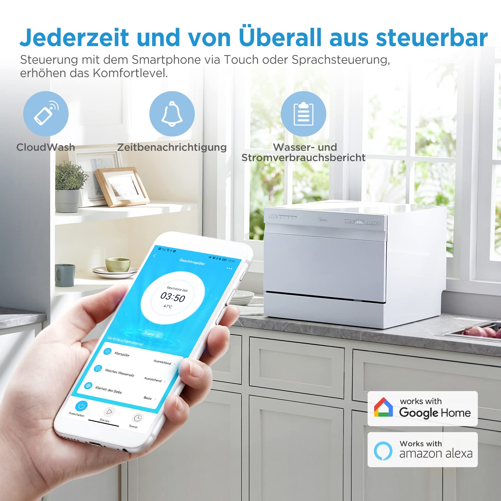 Midea ST 3.6F wi Tischgeschirrspüler, 6 Waschprogramme, Startzeitvorwahl, Extra Trockungs-Funktion, IOT-Steuerung, Mini Geschirrspüler, Ideal für Kleine Wohnungen, Weiß