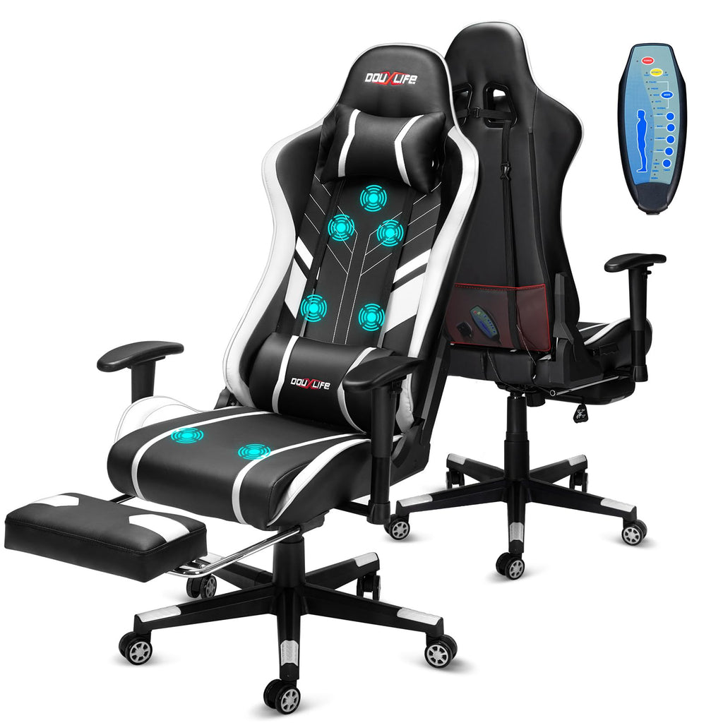 Douxlife Gaming Stuhl, mit 7 Punkt Massage, Fußstütze, Ergonomischer 180KG Bürostuhl, 90-175° Rückenlehne Einstellbar, Verstellbare Armlehne, Schreibtischstuh für Erwachsener, Schwarz Weiß
