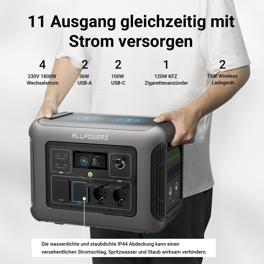 ALLPOWERS R1500 Tragbare Powerstation mit 200W Solarpanel, 1152Wh LiFePO4 Batterie mit 1800W AC Ausgang Solargenerator, 43dB Leise Betrieb Mobile Notstromversorgung für Garten Reise Camping Wohnmobil
